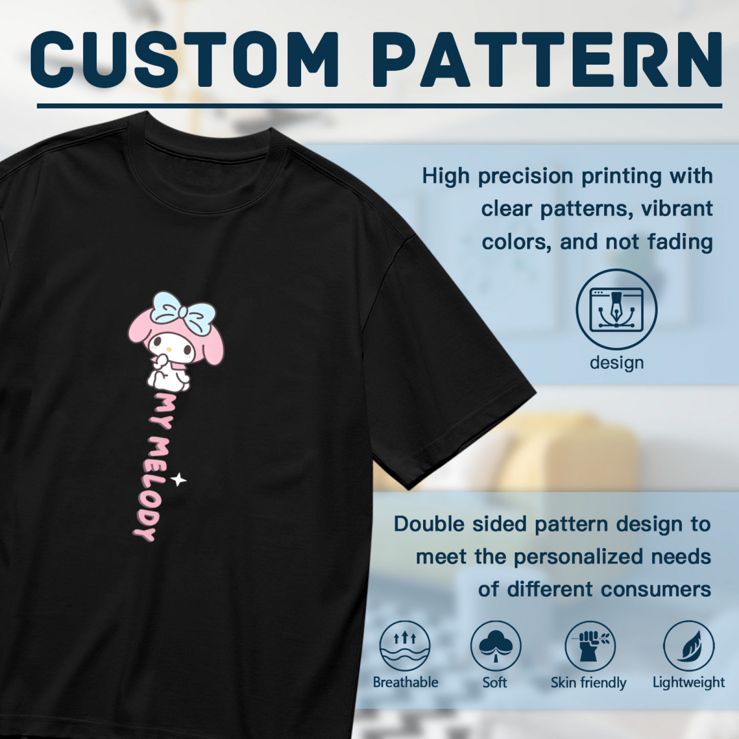 Plus Size Women Sweet My Melody Vertical Letter Graphic Black T?Shirt