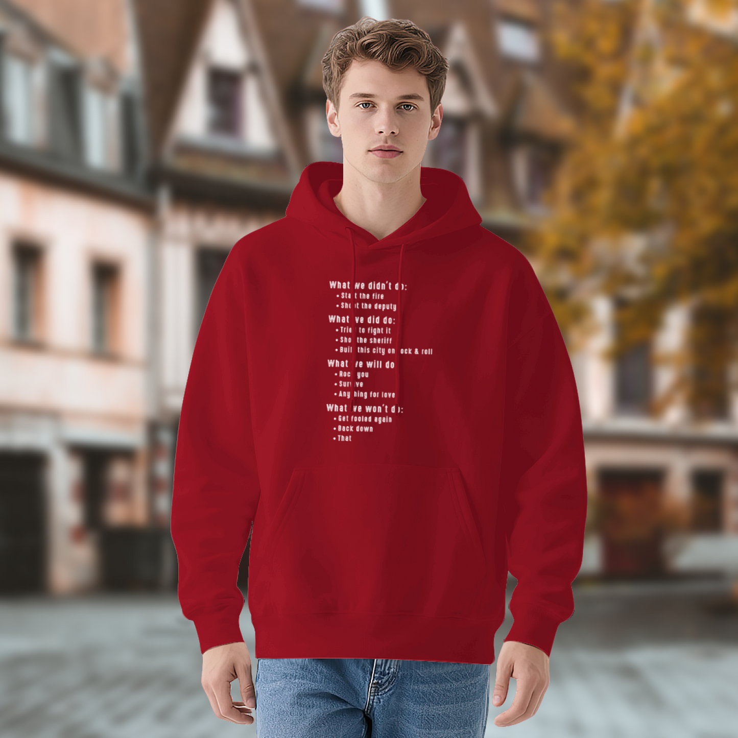 Retro Country Lyric Text Block Red Hoodie, Relaxed Comfort Music Fan Top