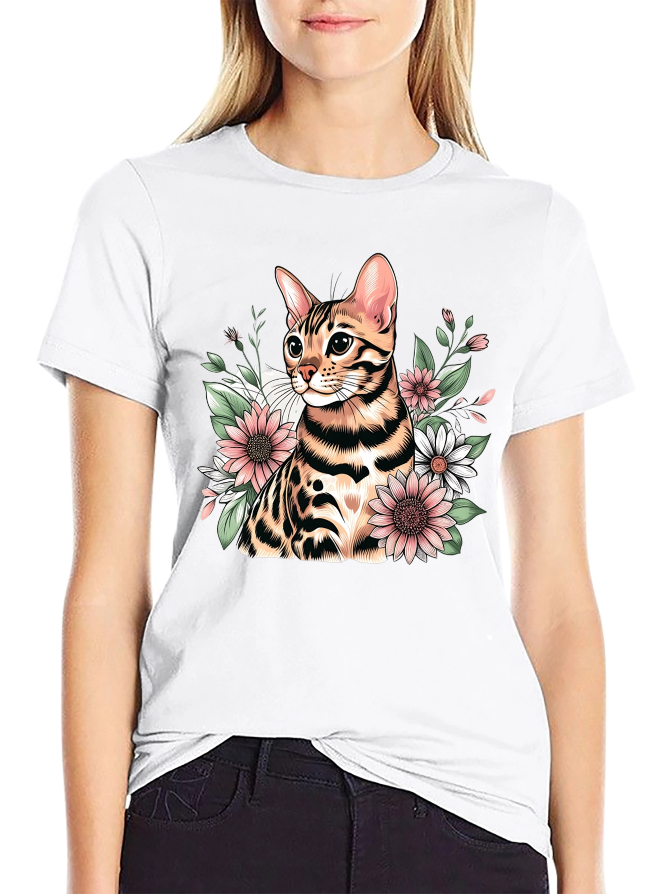 Floral Bengal Cat Graphic T-Shirt