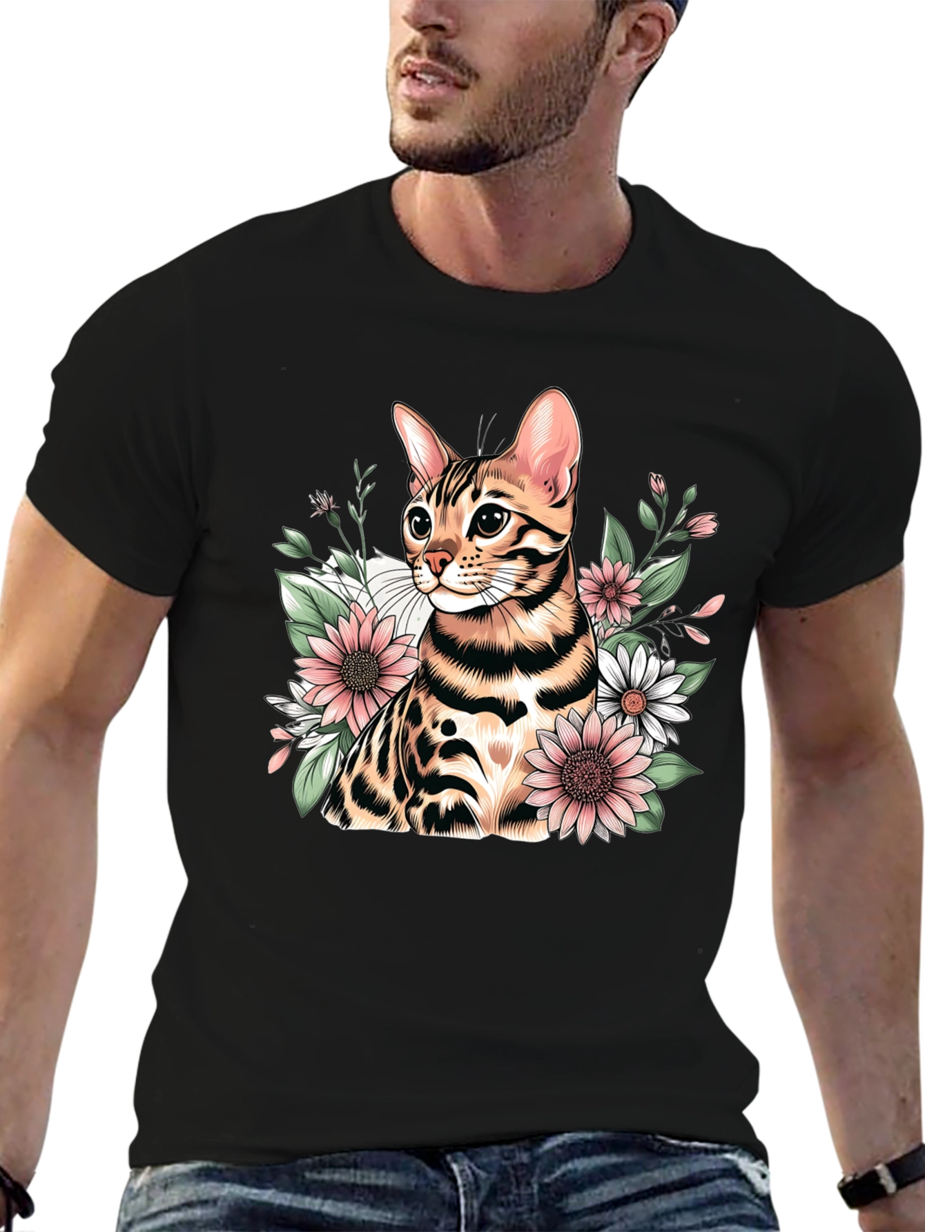Floral Bengal Cat Graphic T-Shirt