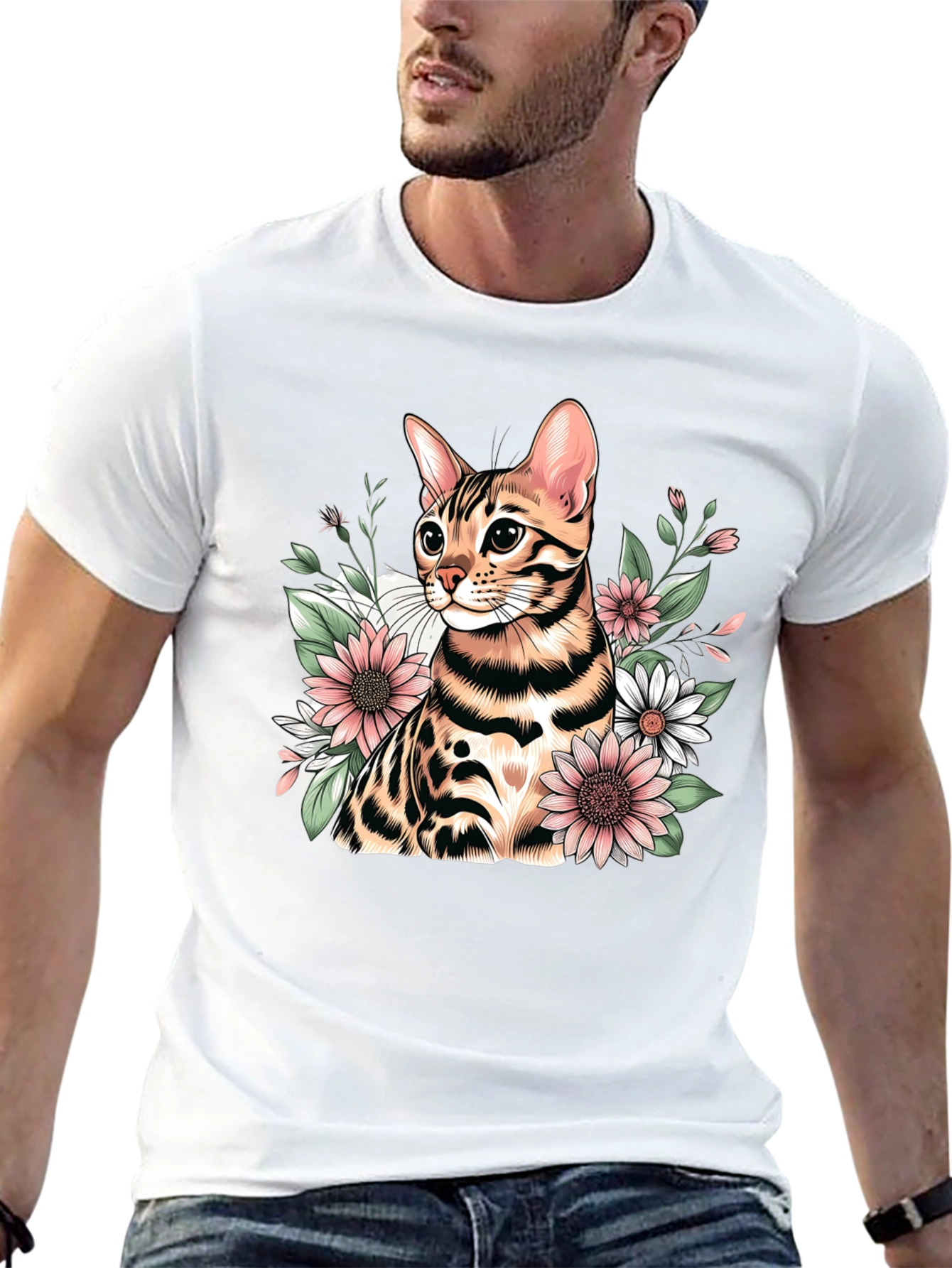 Floral Bengal Cat Graphic T-Shirt