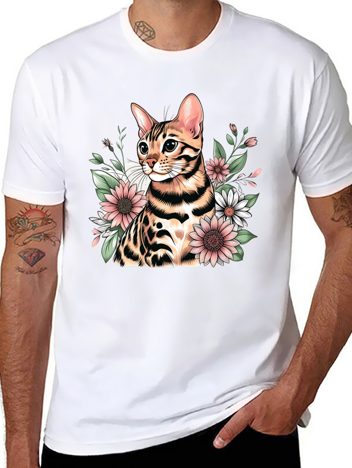 Floral Bengal Cat Graphic T-Shirt