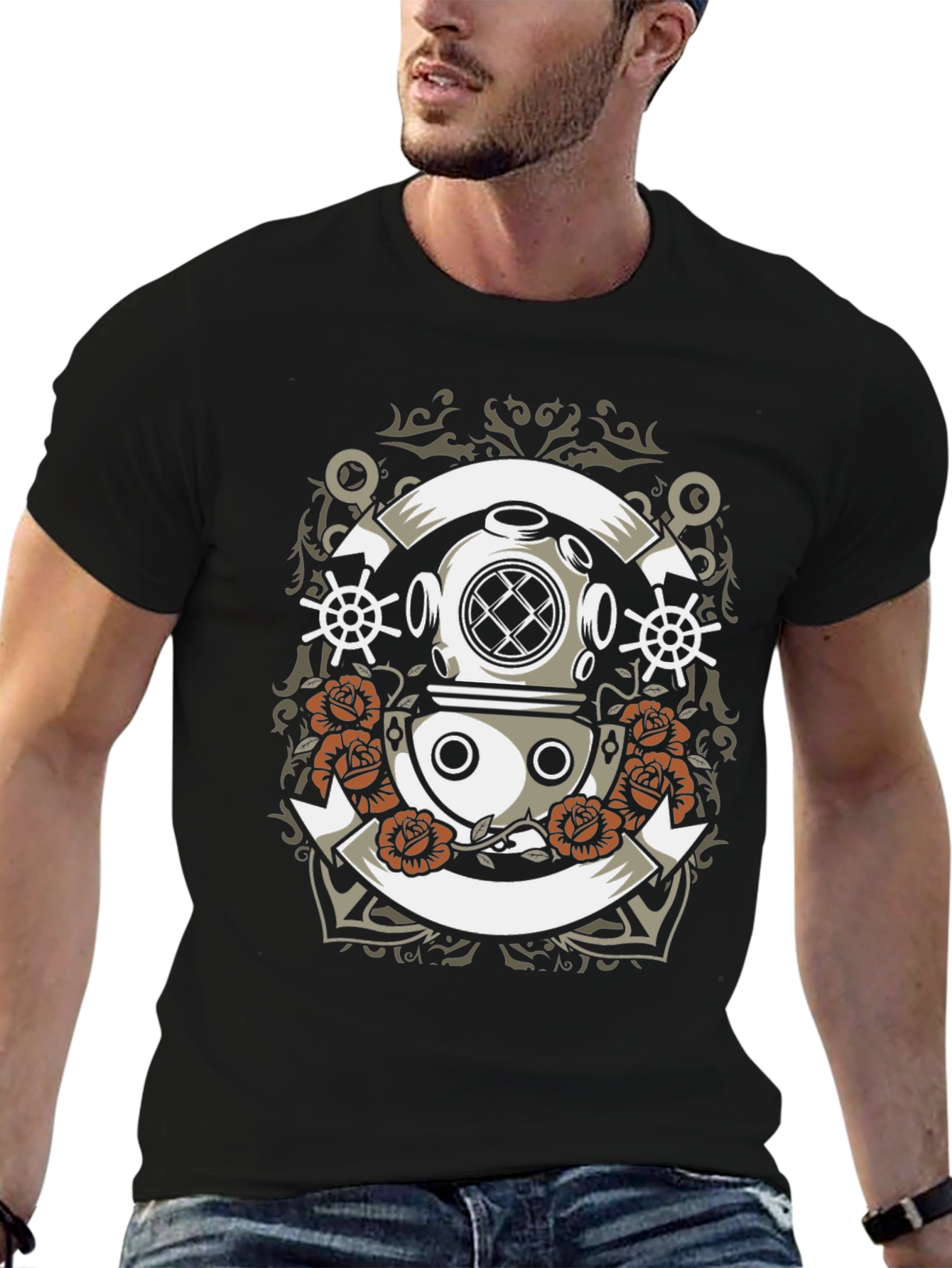 Diver Helmet & Roses Graphic Tee - Black