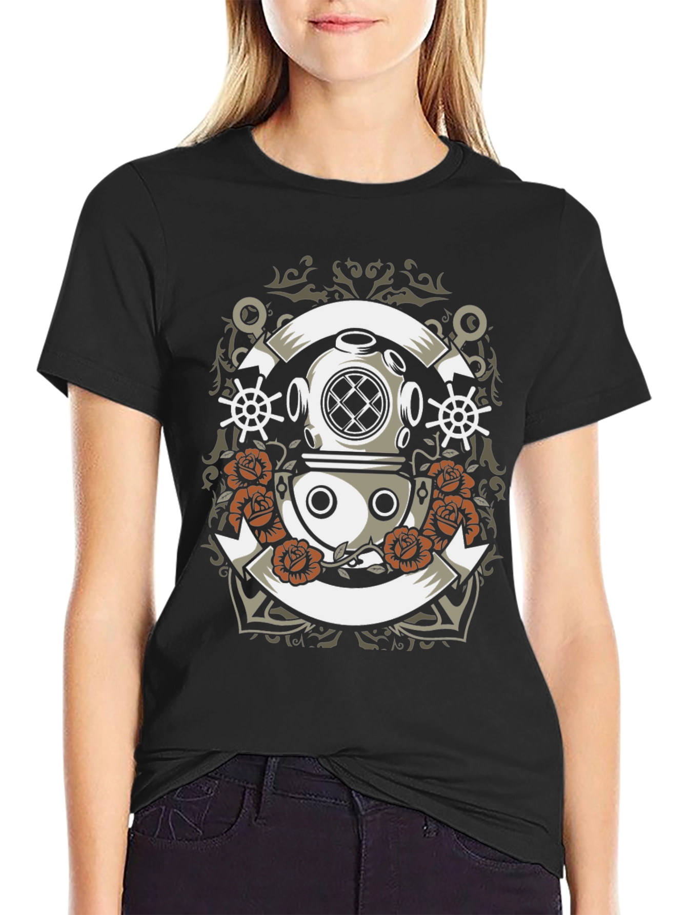 Diver Helmet & Roses Graphic Tee - Black