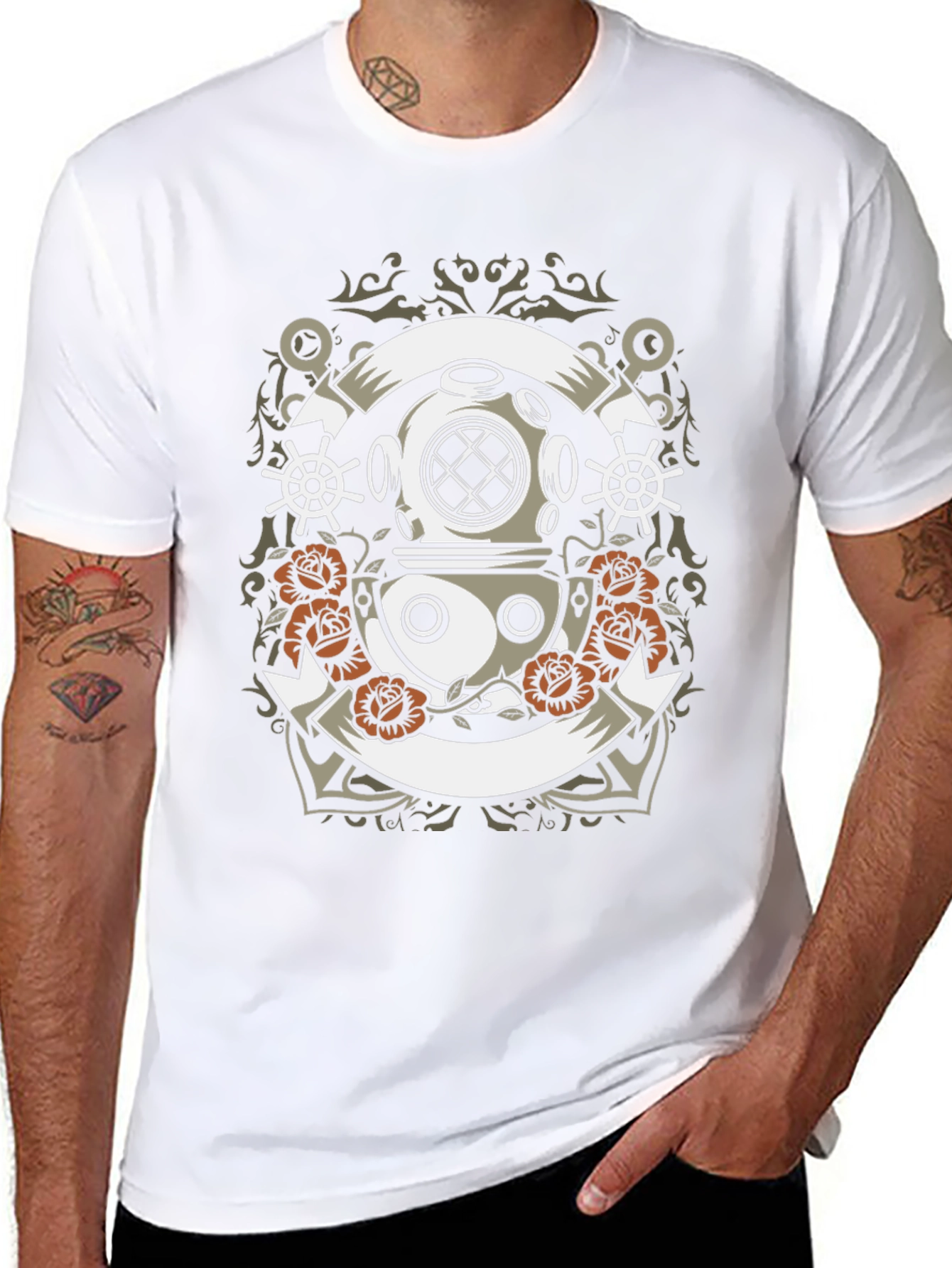 Diver Helmet & Roses Graphic Tee - Black