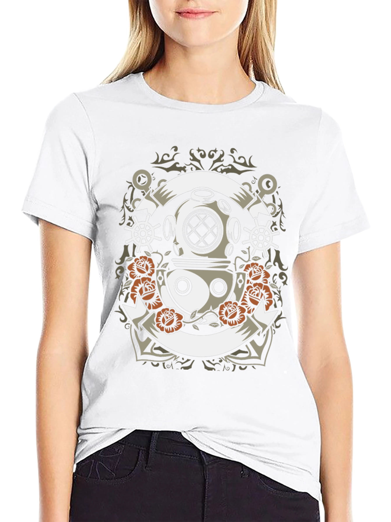 Diver Helmet & Roses Graphic Tee - Black