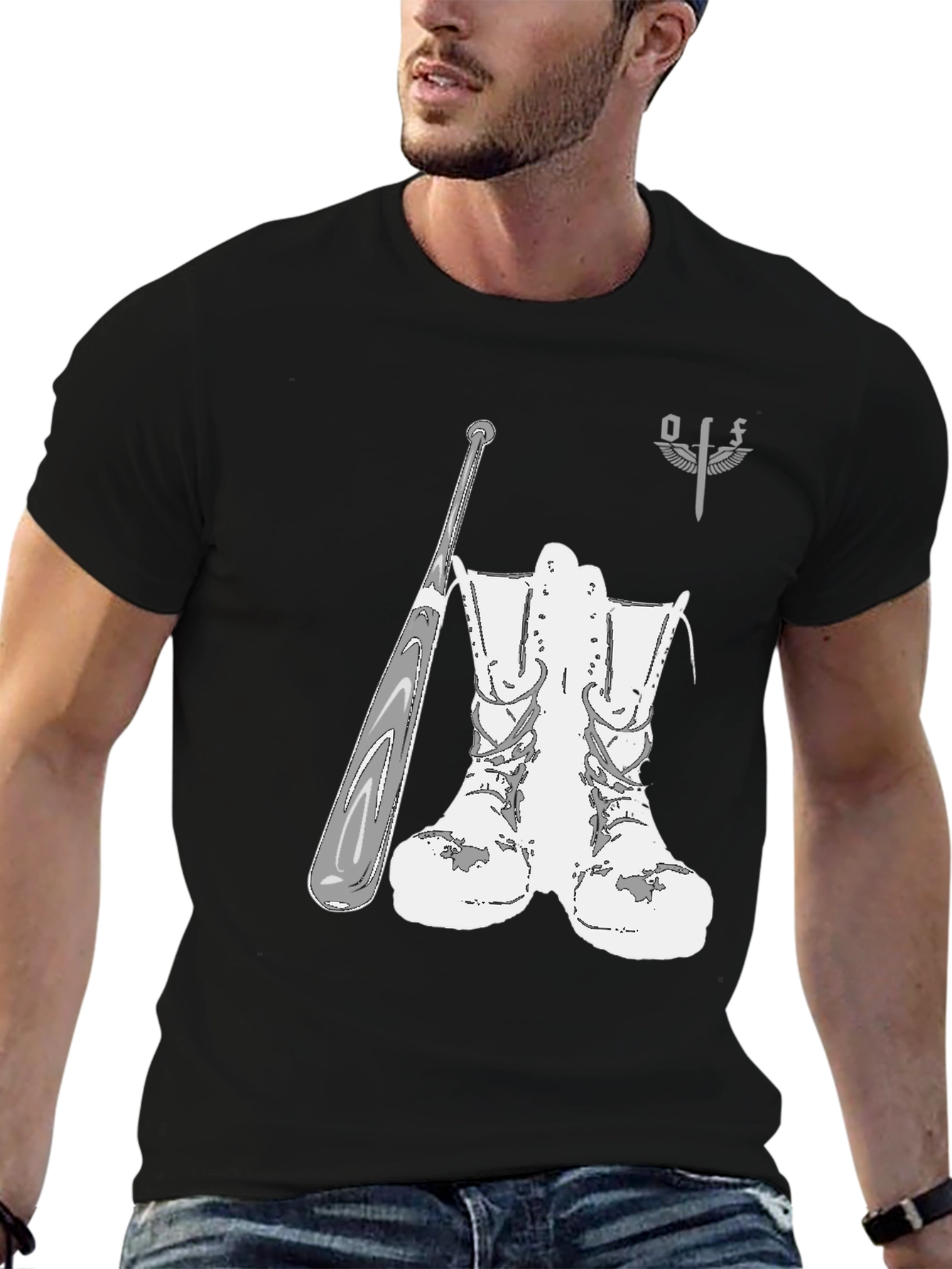 Graphic T-Shirt with Boots and Baseball Bat Design