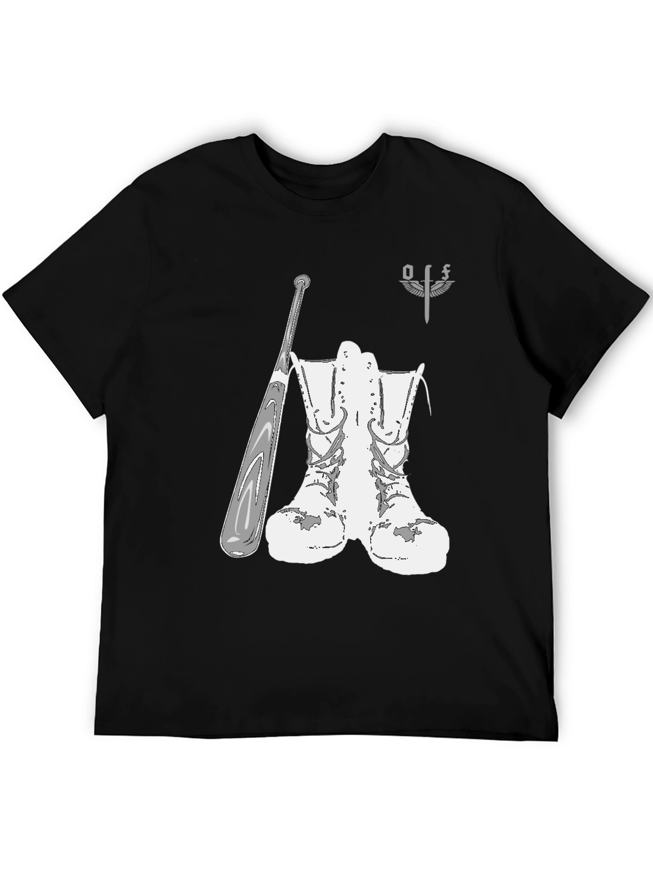 Graphic T-Shirt with Boots and Baseball Bat Design