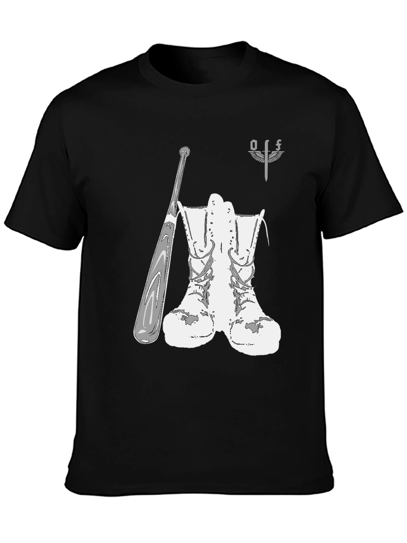Graphic T-Shirt with Boots and Baseball Bat Design