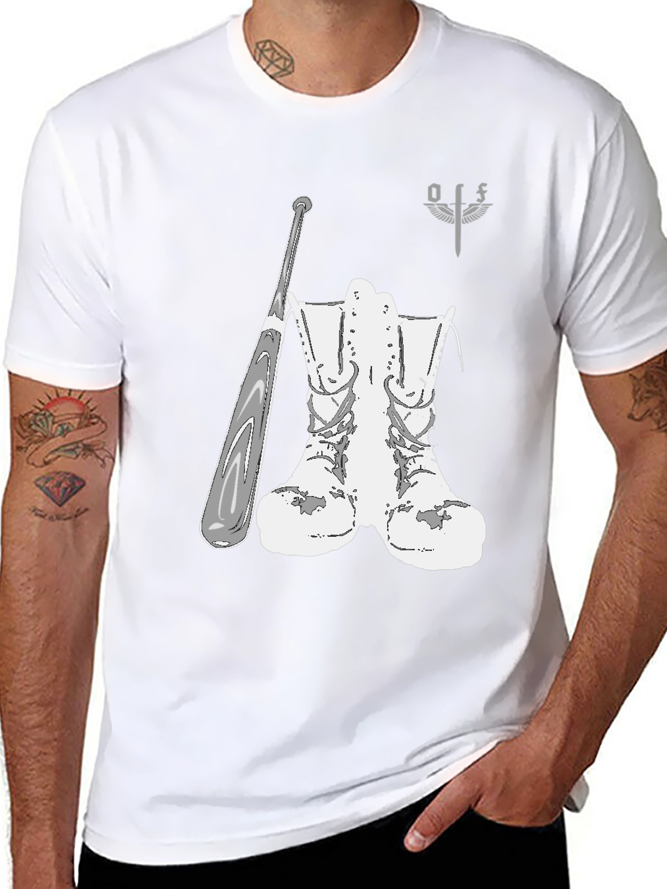 Graphic T-Shirt with Boots and Baseball Bat Design