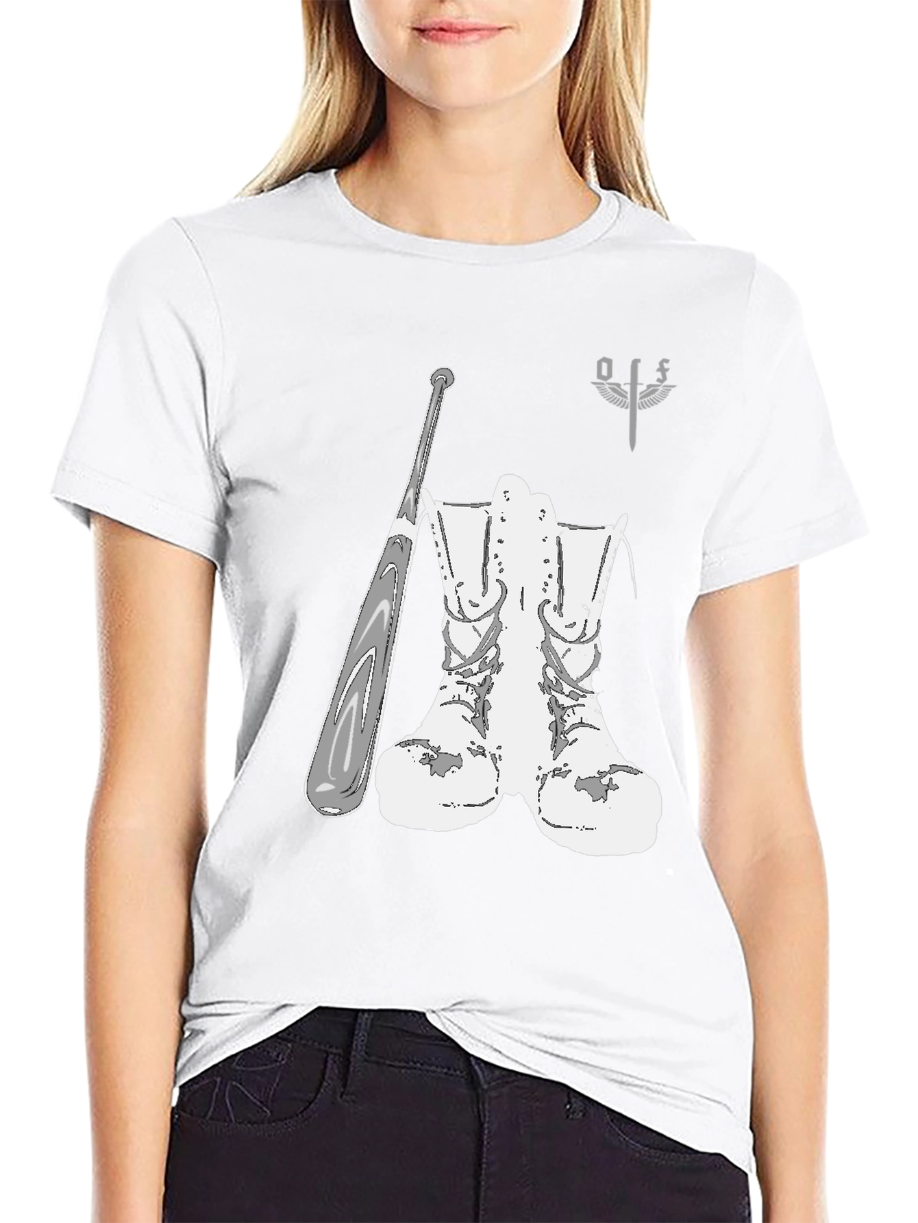 Graphic T-Shirt with Boots and Baseball Bat Design
