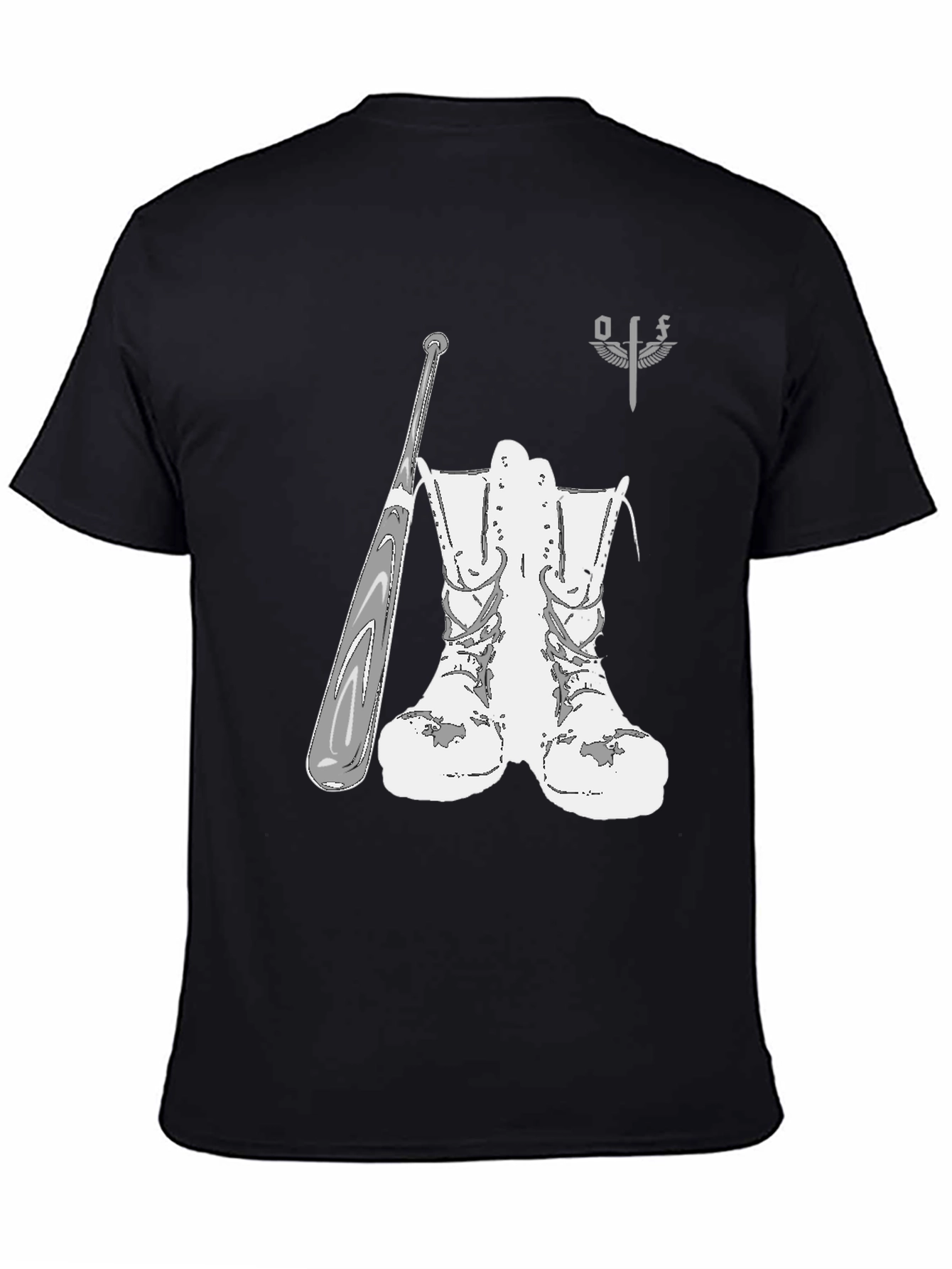 Graphic T-Shirt with Boots and Baseball Bat Design