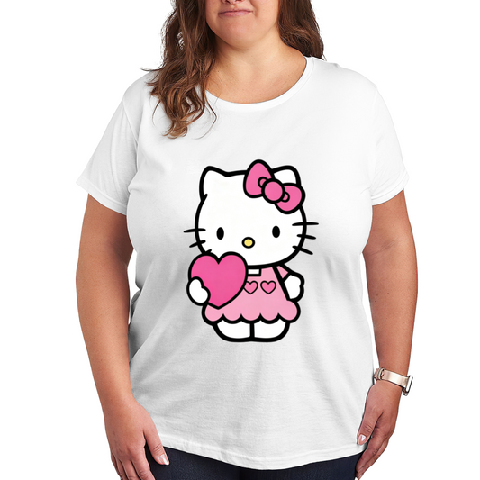 Cute Hello Kitty Holding Pink Heart & Pink Bow Graphic Plus Size Women White Crew Neck Short Sleeve T?Shirt