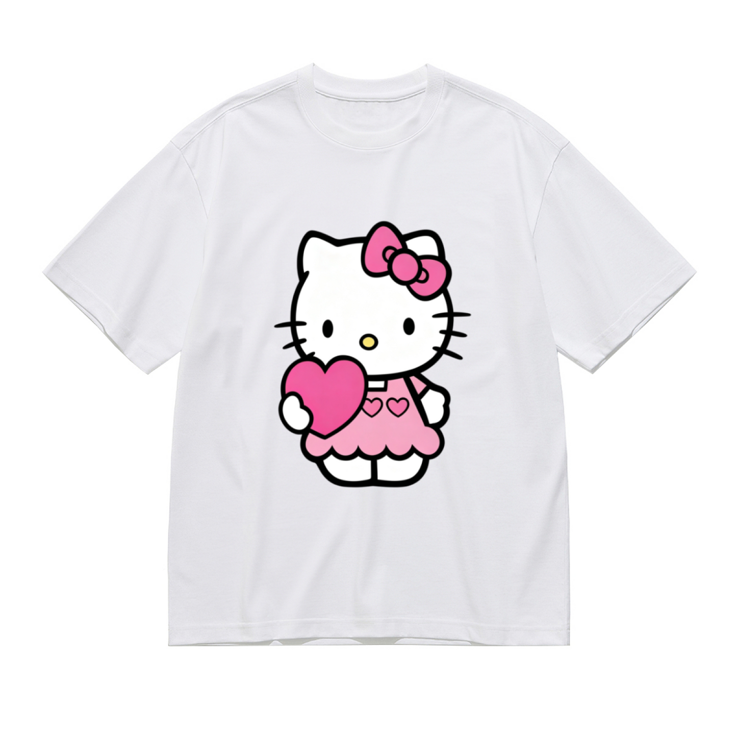 Cute Hello Kitty Holding Pink Heart & Pink Bow Graphic Plus Size Women White Crew Neck Short Sleeve T?Shirt