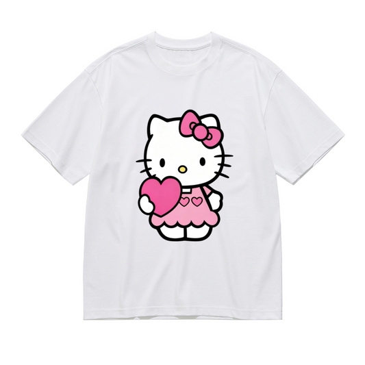 Cute Hello Kitty Holding Pink Heart & Pink Bow Graphic Plus Size Women White Crew Neck Short Sleeve T?Shirt