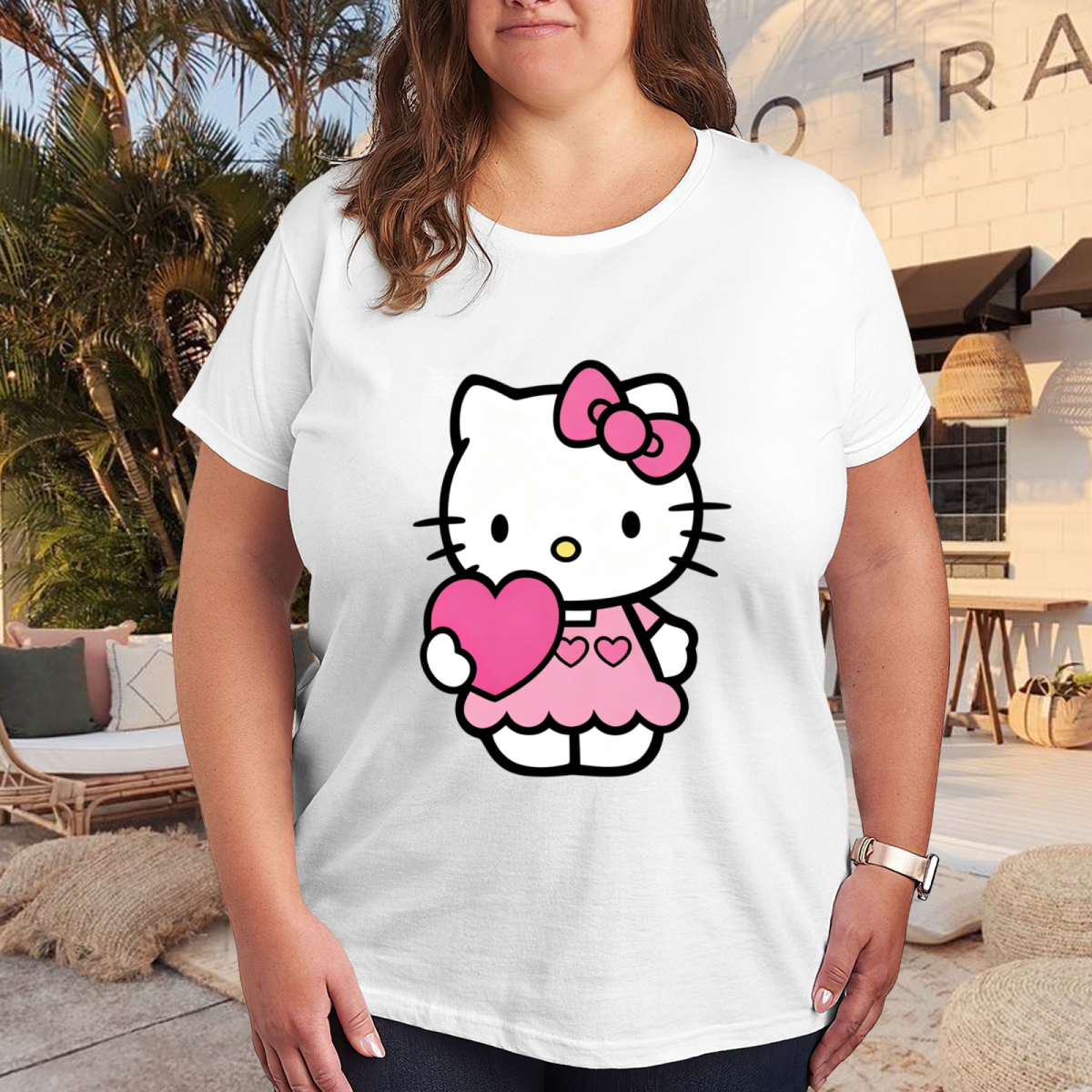Cute Hello Kitty Holding Pink Heart & Pink Bow Graphic Plus Size Women White Crew Neck Short Sleeve T?Shirt