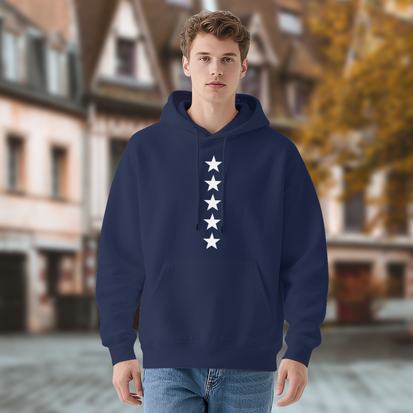 Five Vertical White Star Simple Navy Hoodie, Comfort Minimal Patriotic Unisex Top