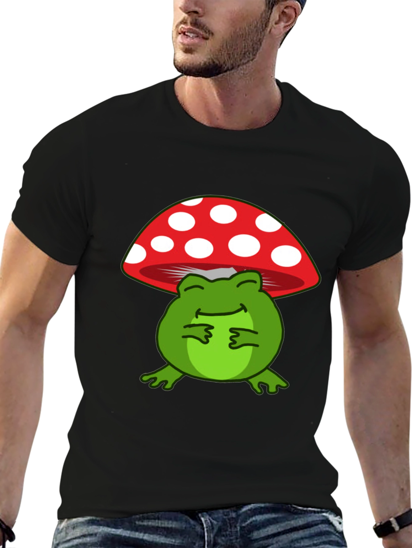 Frog Under Mushroom T-Shirt - Black Cotton Tee