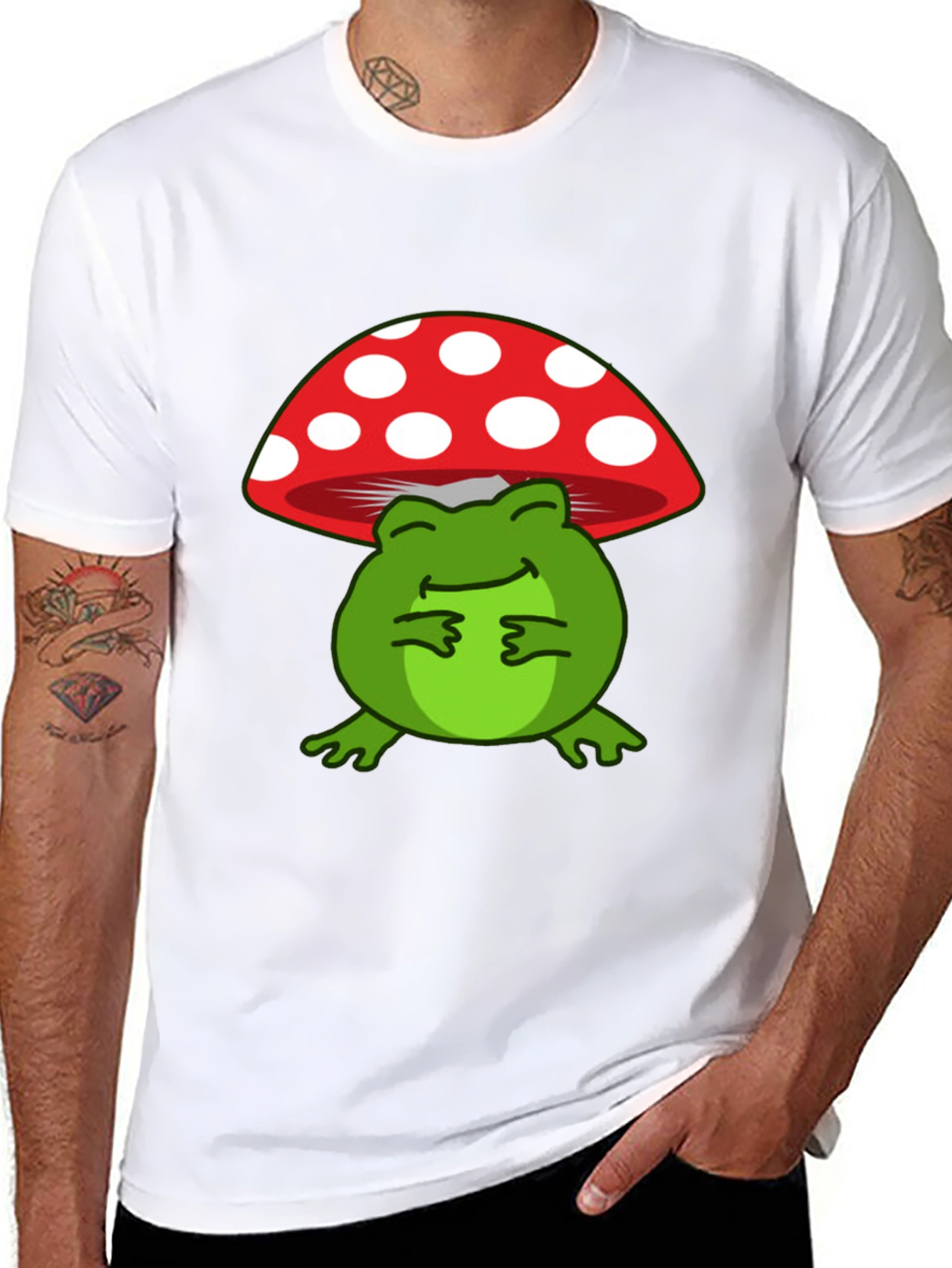 Frog Under Mushroom T-Shirt - Black Cotton Tee