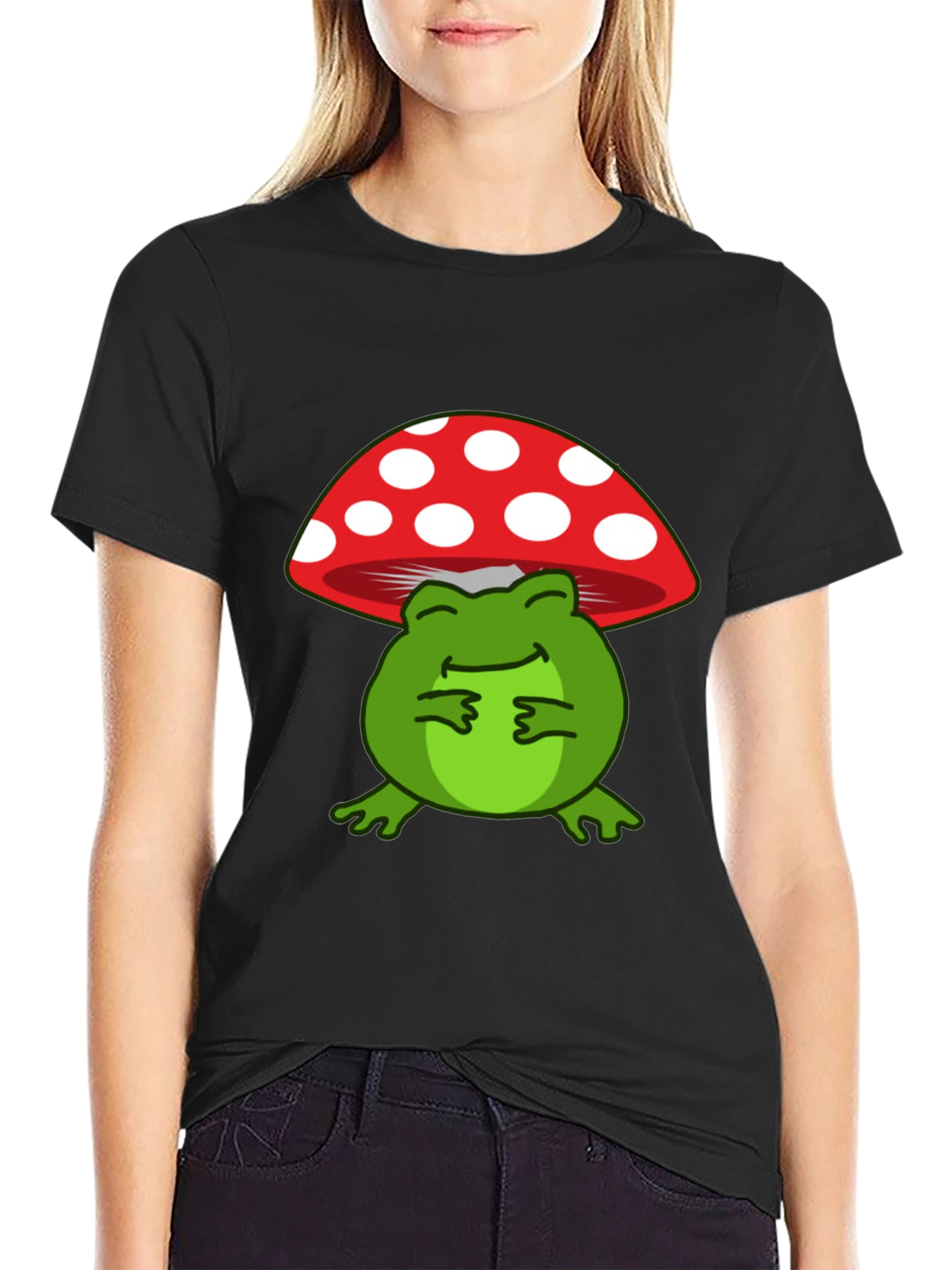 Frog Under Mushroom T-Shirt - Black Cotton Tee