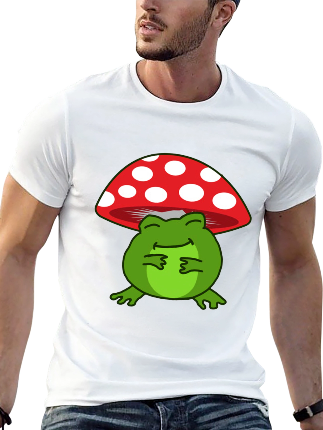 Frog Under Mushroom T-Shirt - Black Cotton Tee