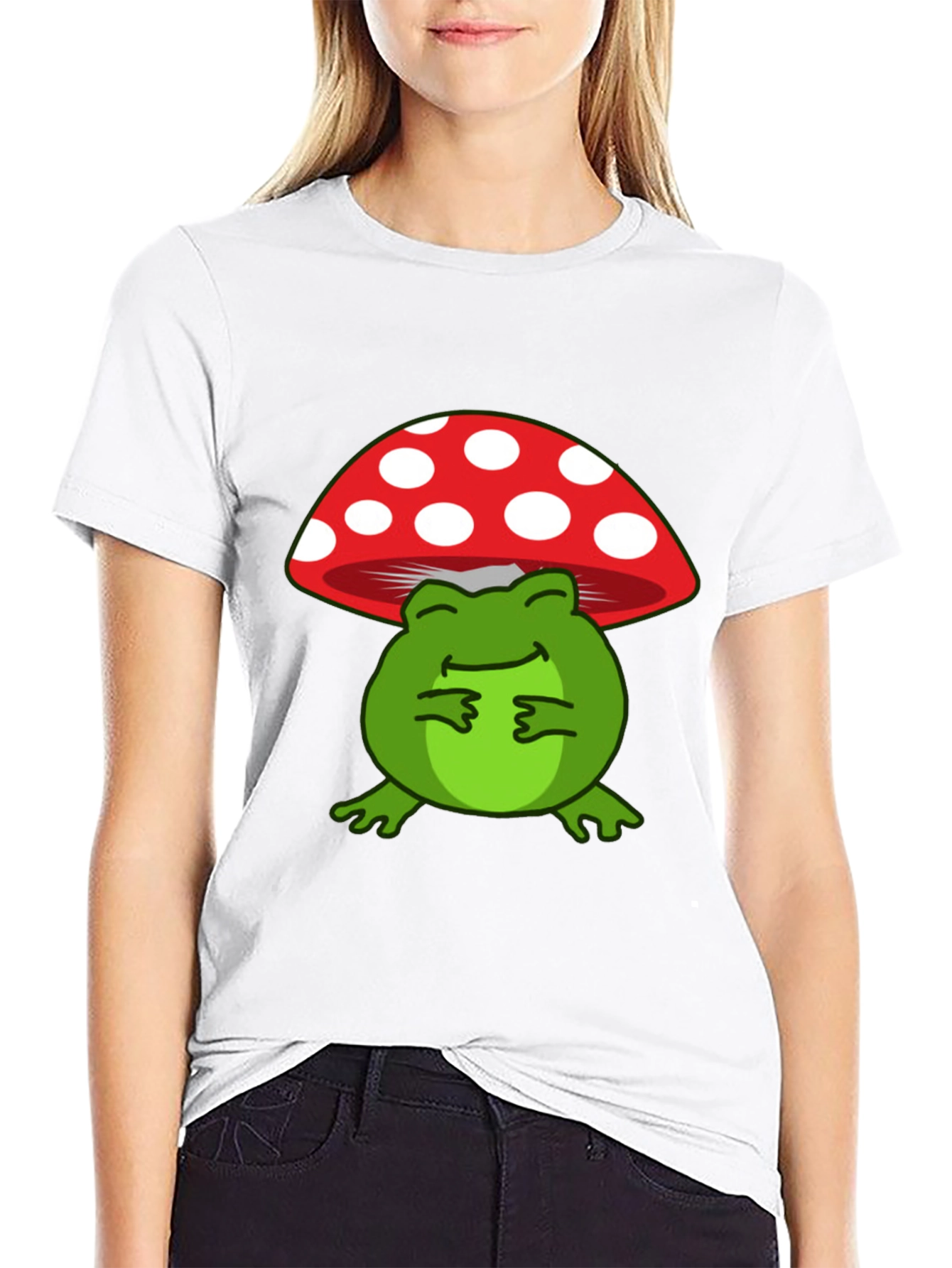 Frog Under Mushroom T-Shirt - Black Cotton Tee