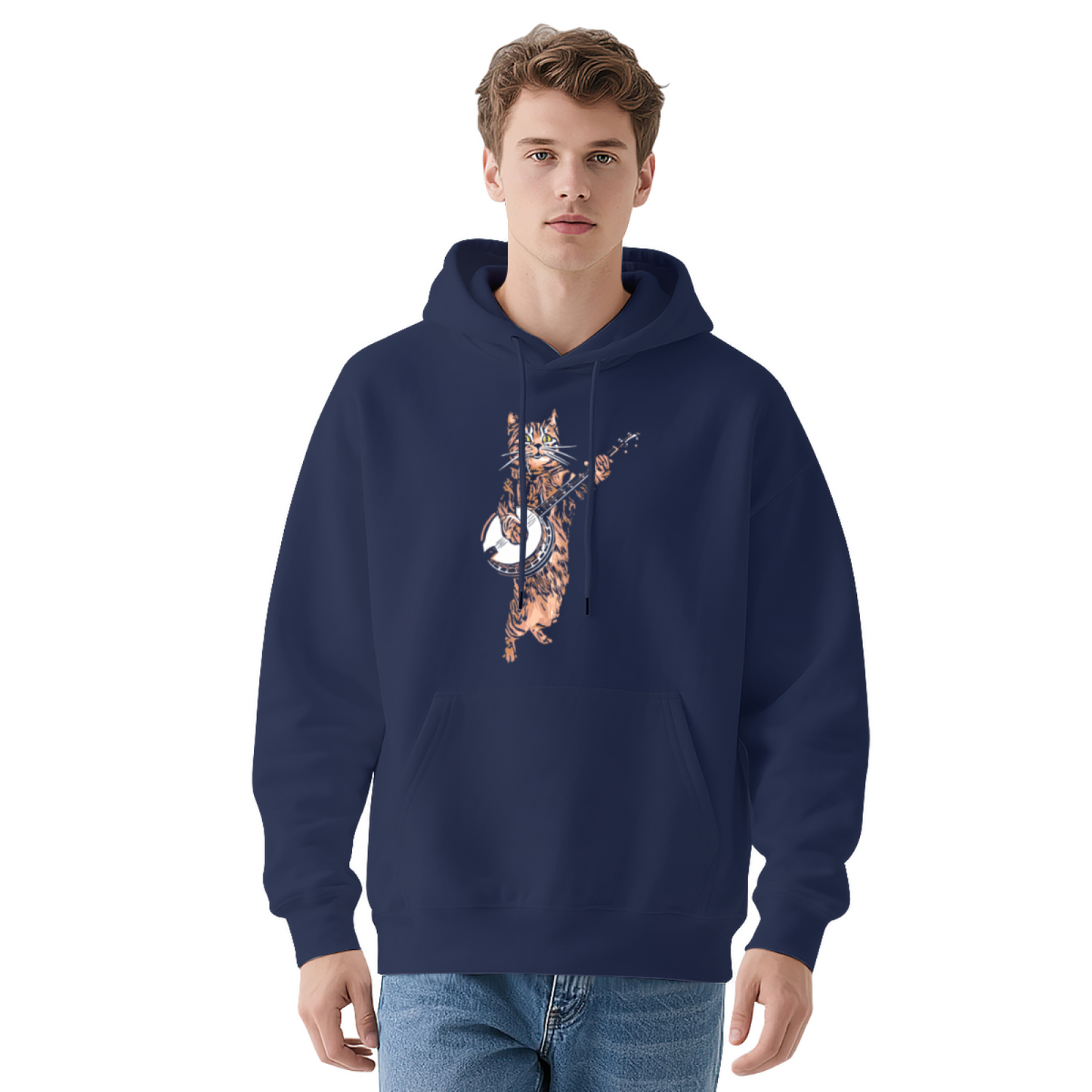 Funny Banjo Playing Tabby Cat Navy Hoodie, Soft Cute Daily Pullover