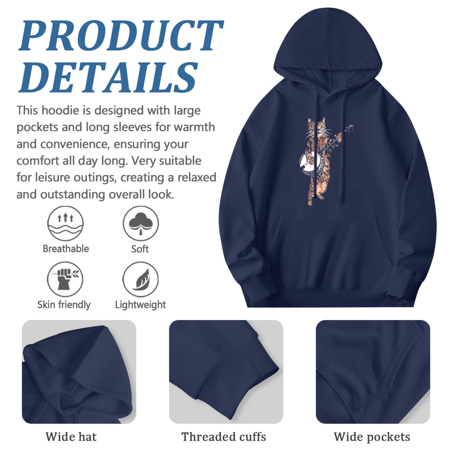 Funny Banjo Playing Tabby Cat Navy Hoodie, Soft Cute Daily Pullover