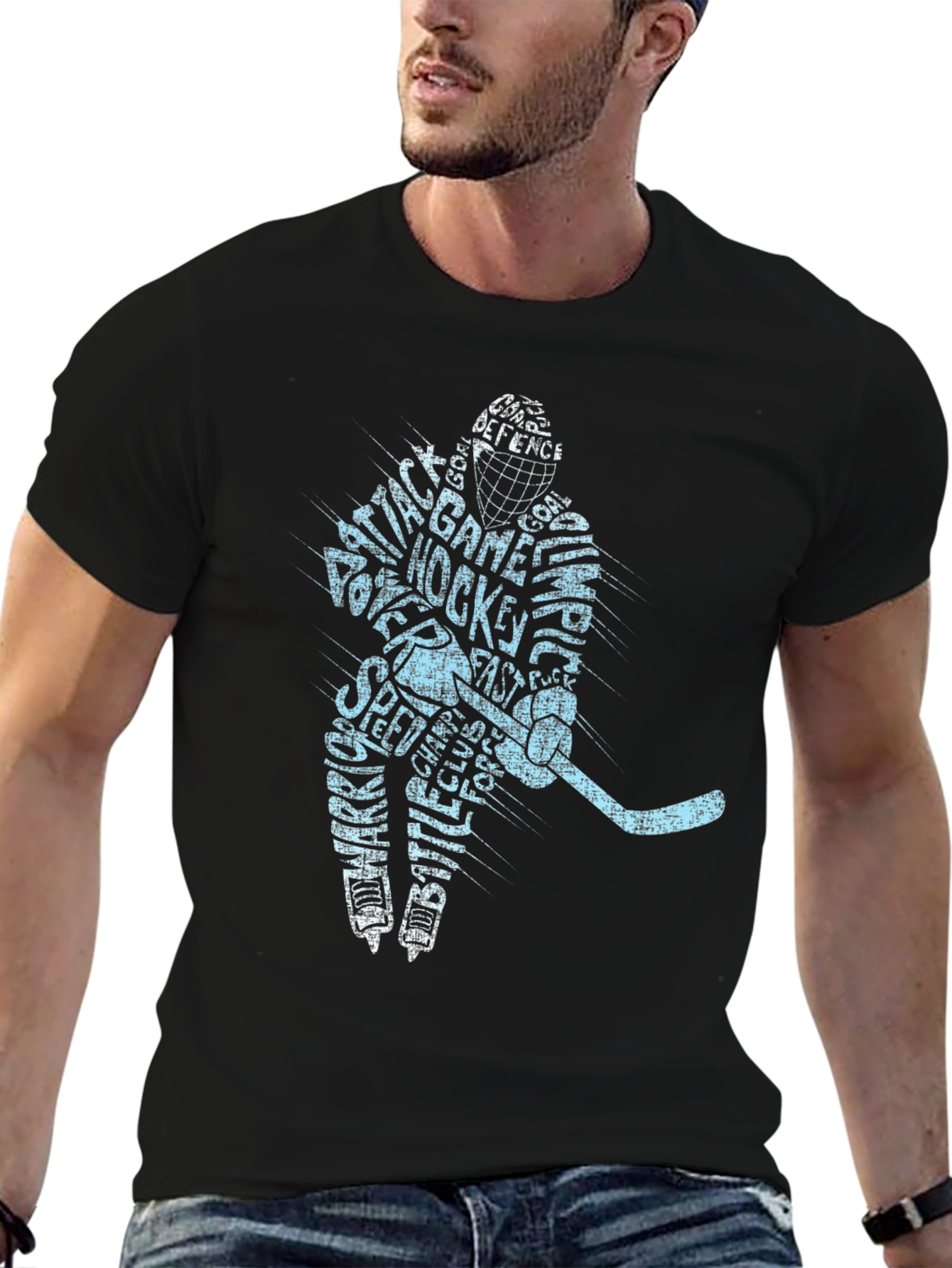 Hockey Player Word Art T-Shirt - Black