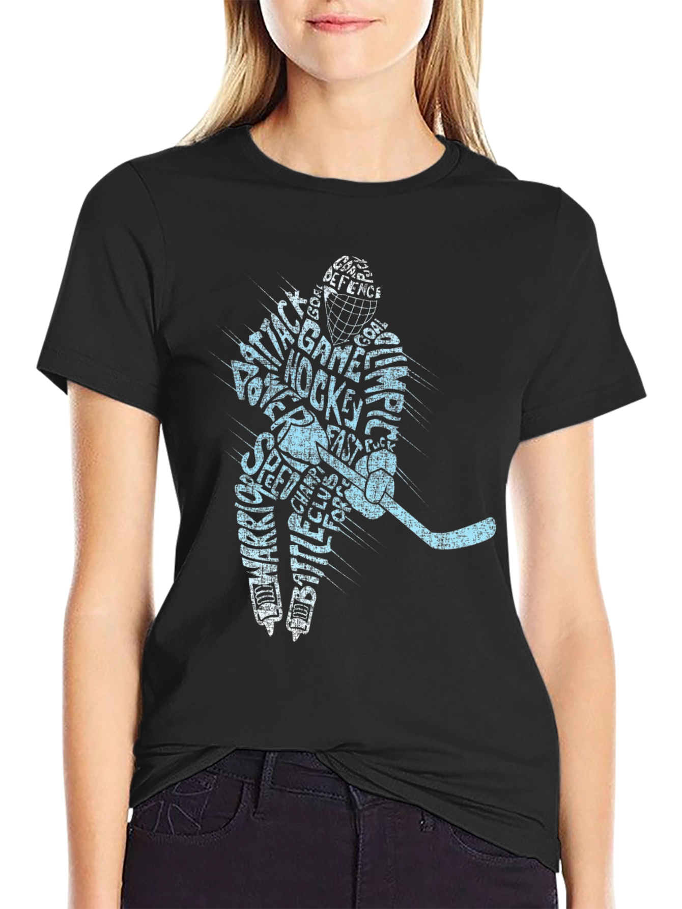 Hockey Player Word Art T-Shirt - Black