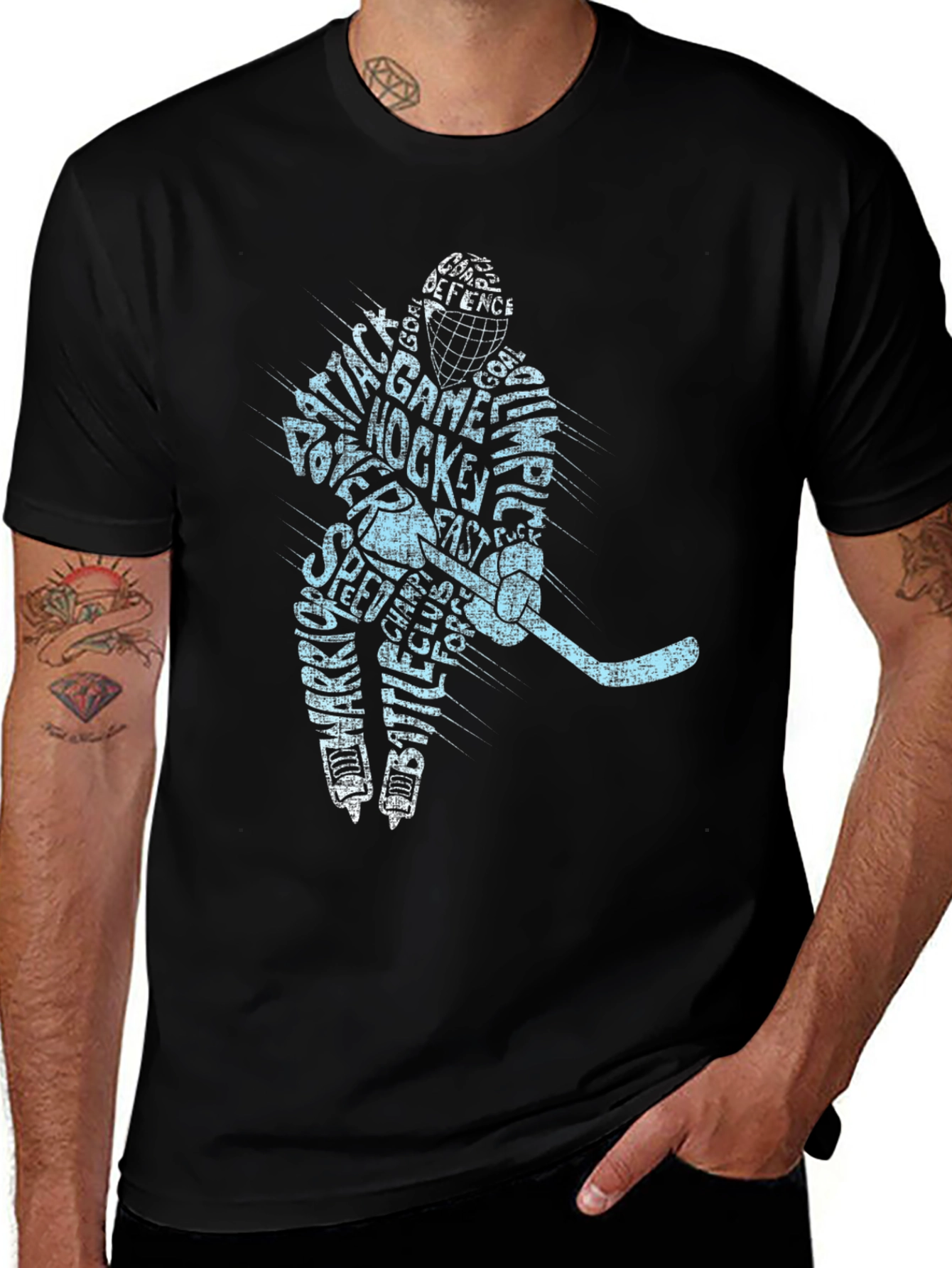 Hockey Player Word Art T-Shirt - Black