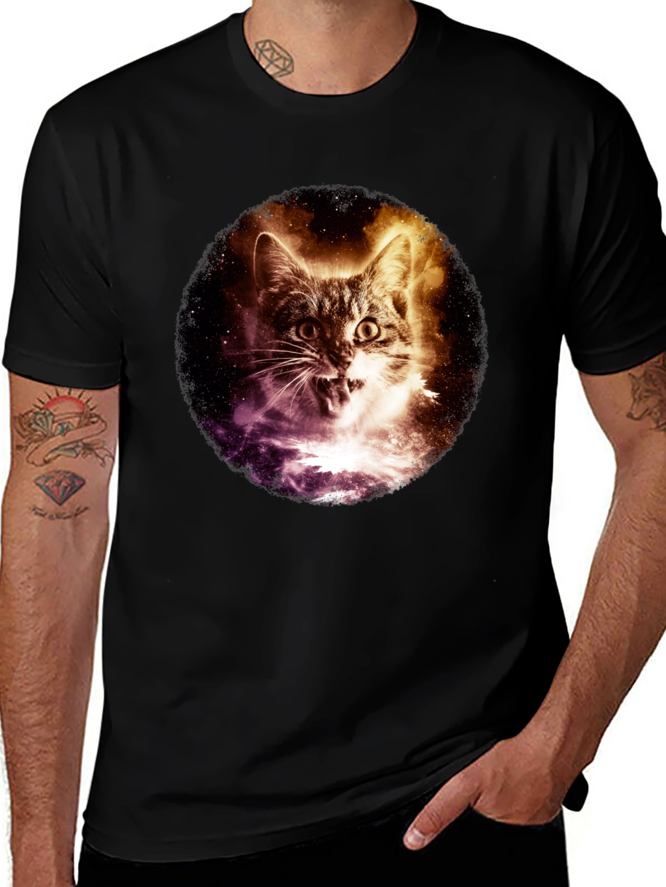 Cosmic Cat Graphic Tee - Black Short Sleeve