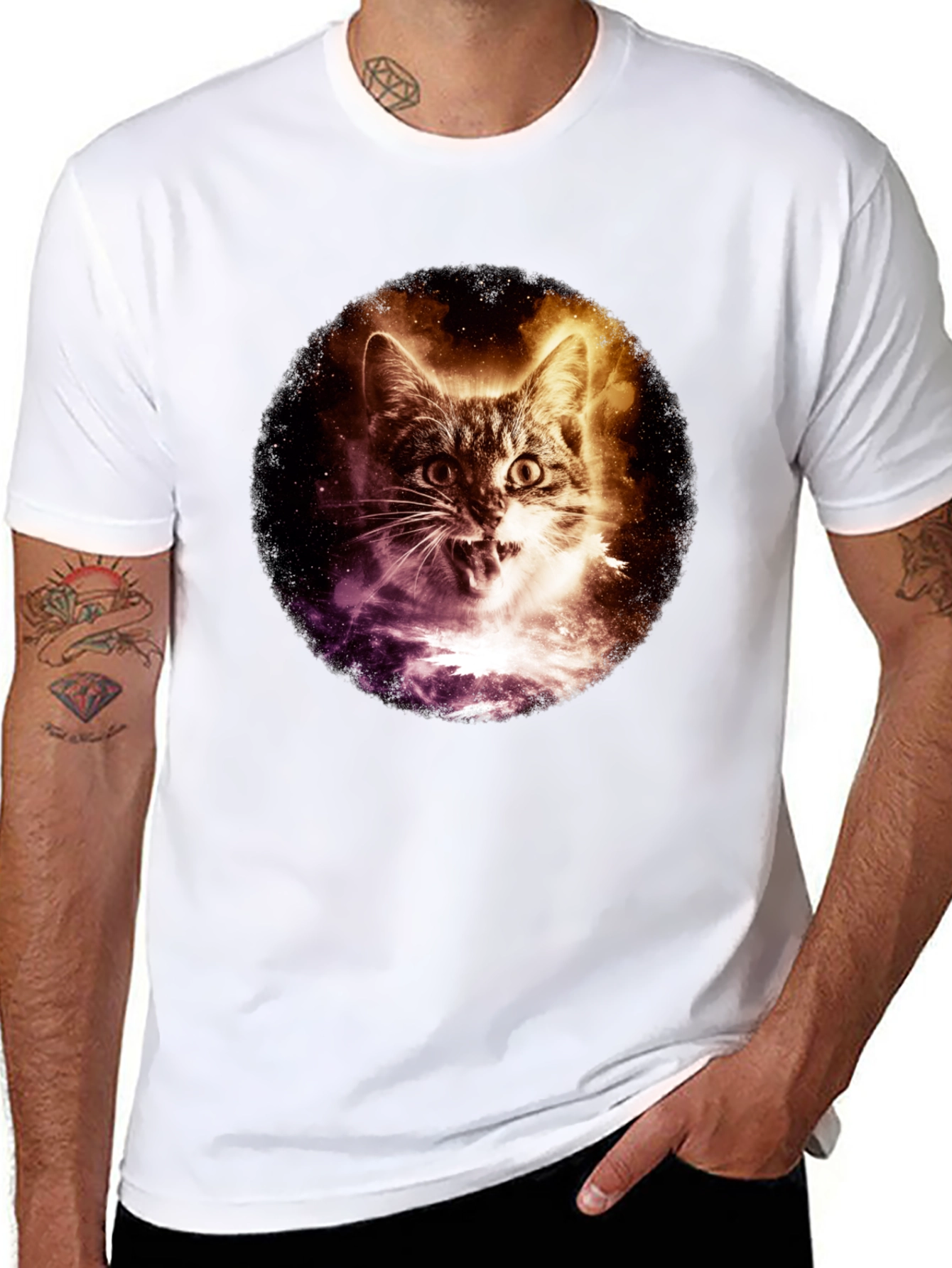 Cosmic Cat Graphic Tee - Black Short Sleeve