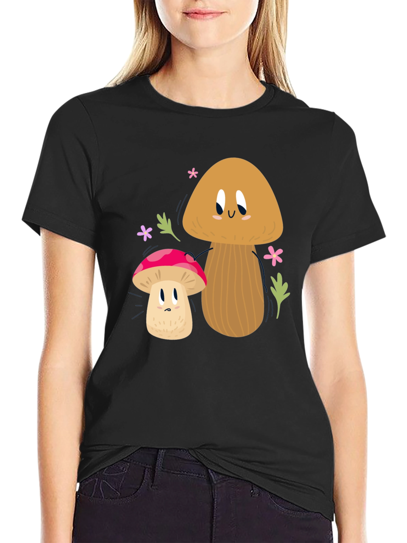 Cute Mushroom Graphic Tee - Black