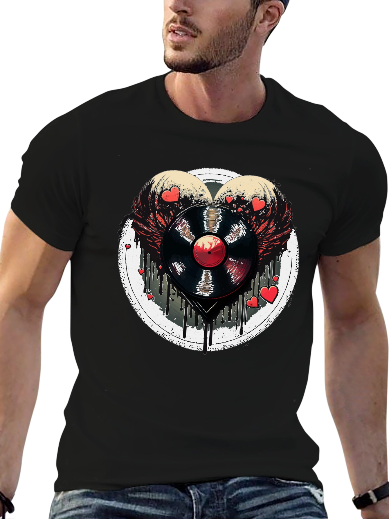 Vinyl Record Heart Wings Black T-Shirt