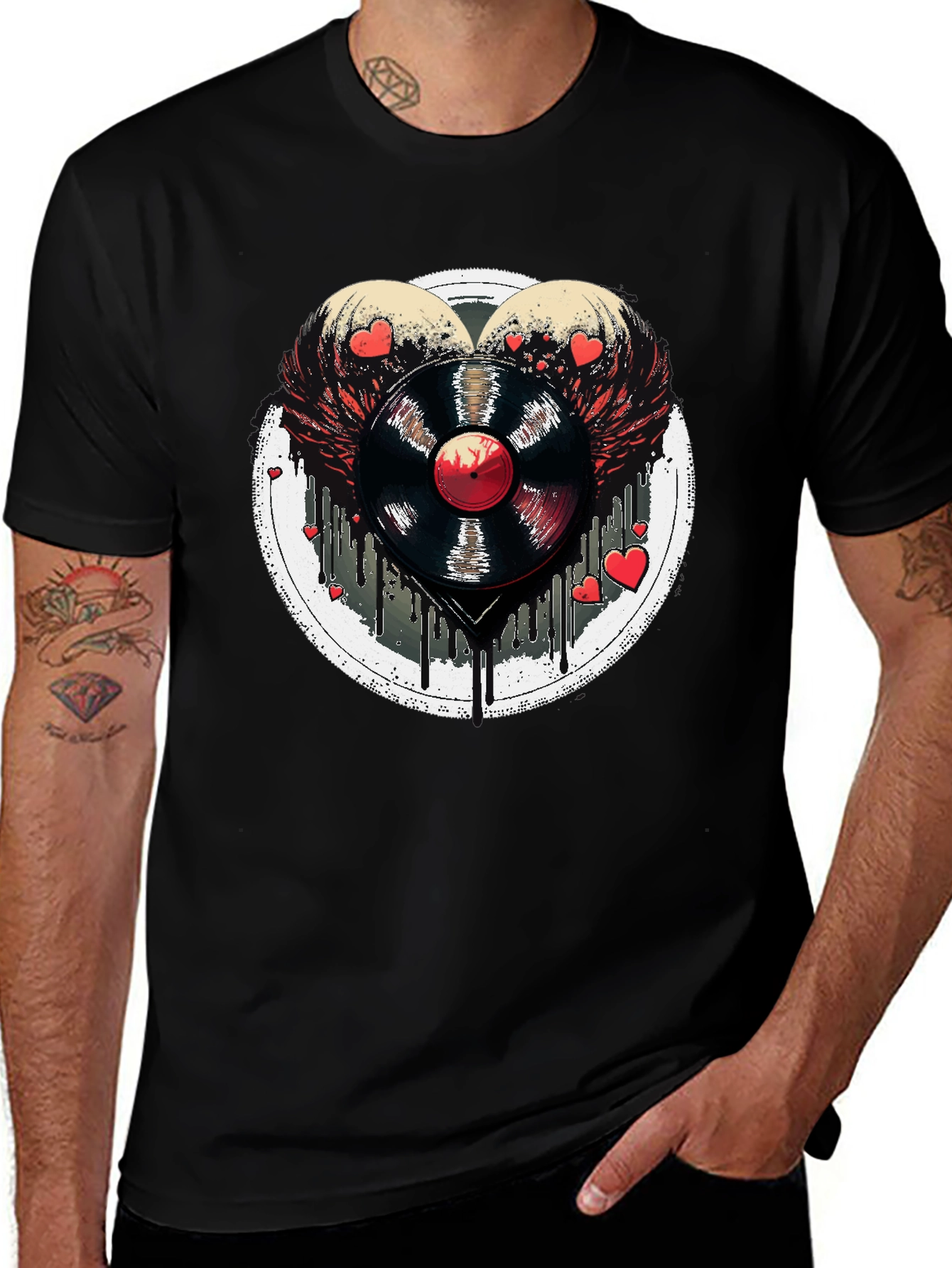 Vinyl Record Heart Wings Black T-Shirt