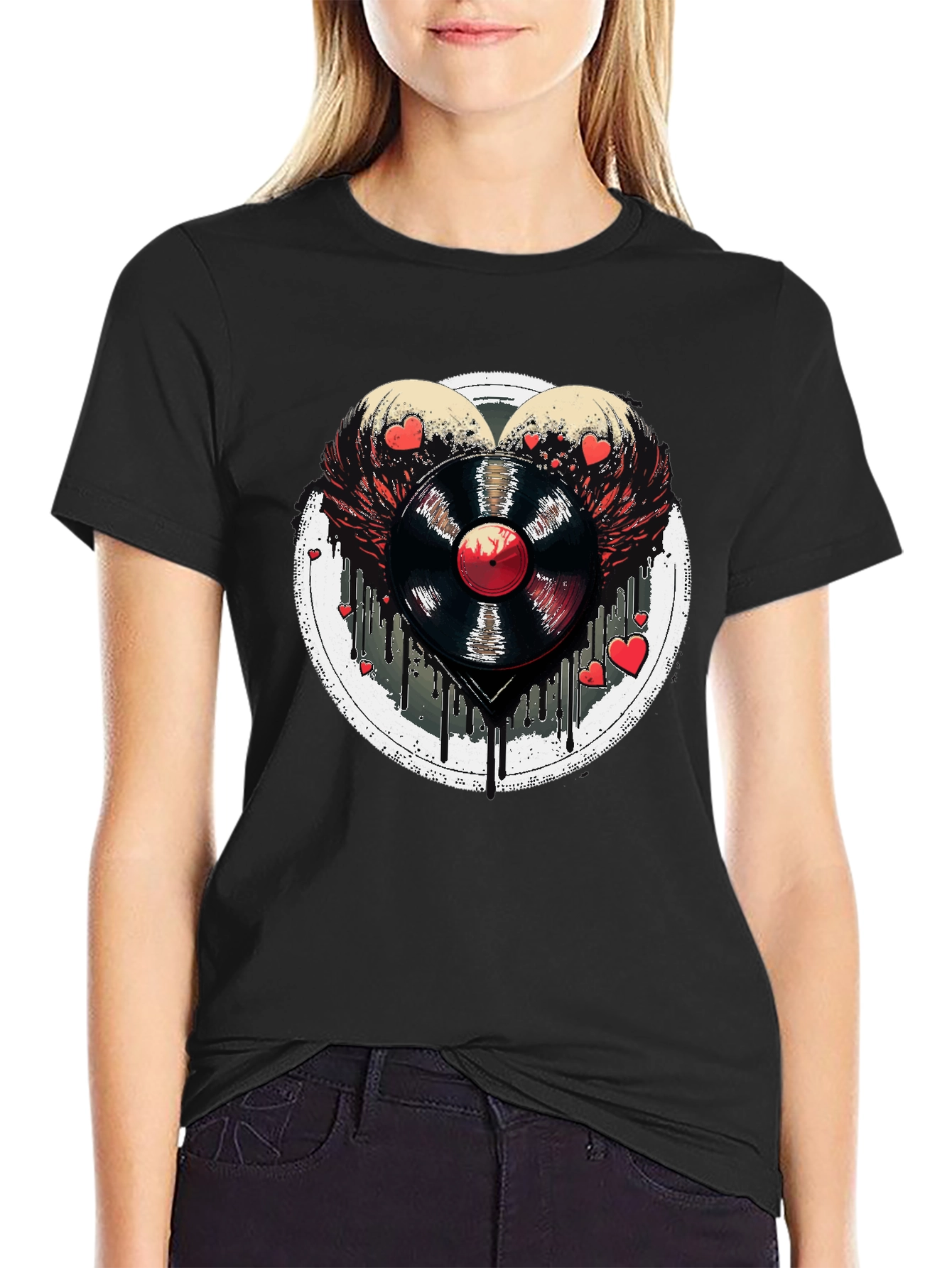 Vinyl Record Heart Wings Black T-Shirt