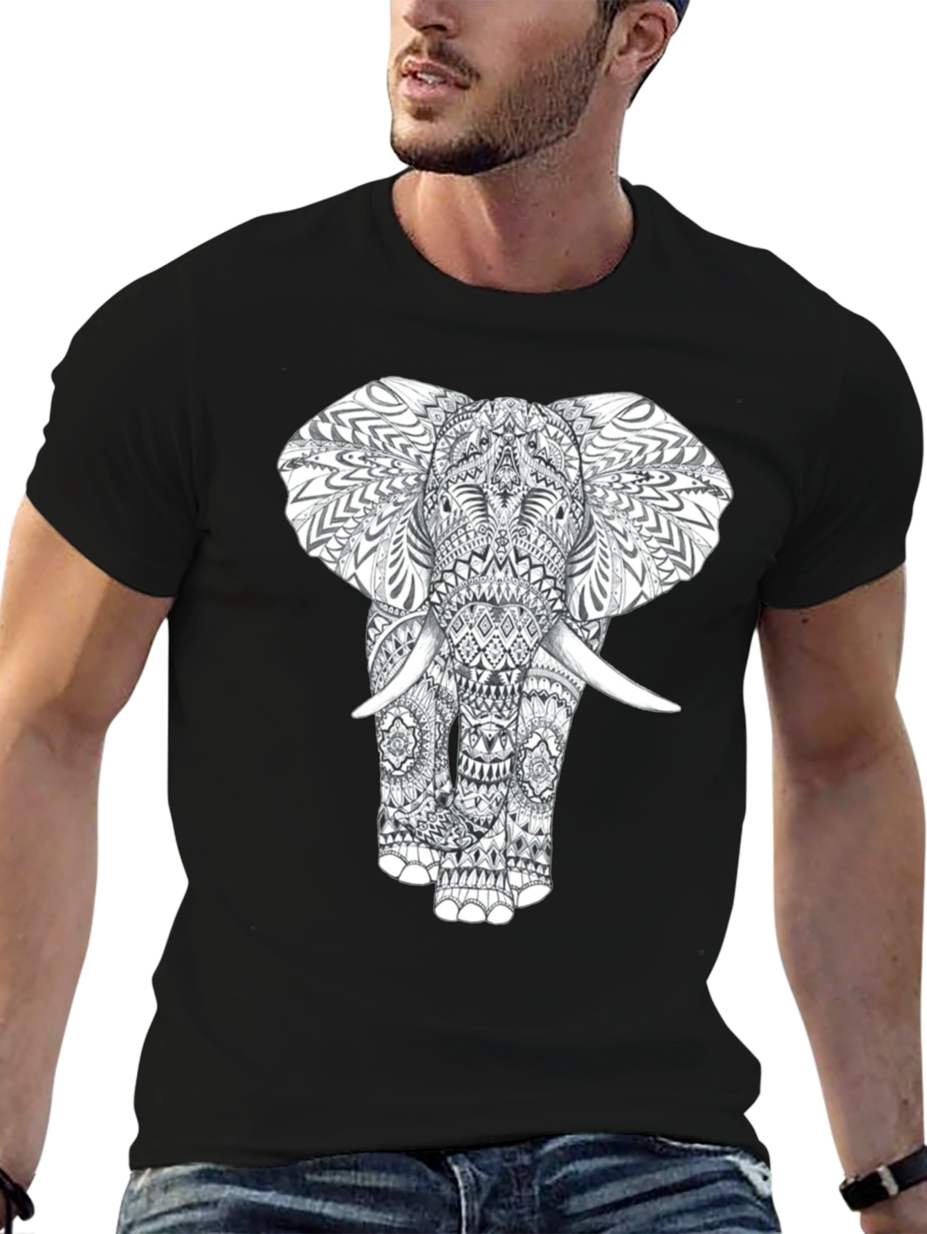 Elephant Graphic Print Mens Black T-Shirt