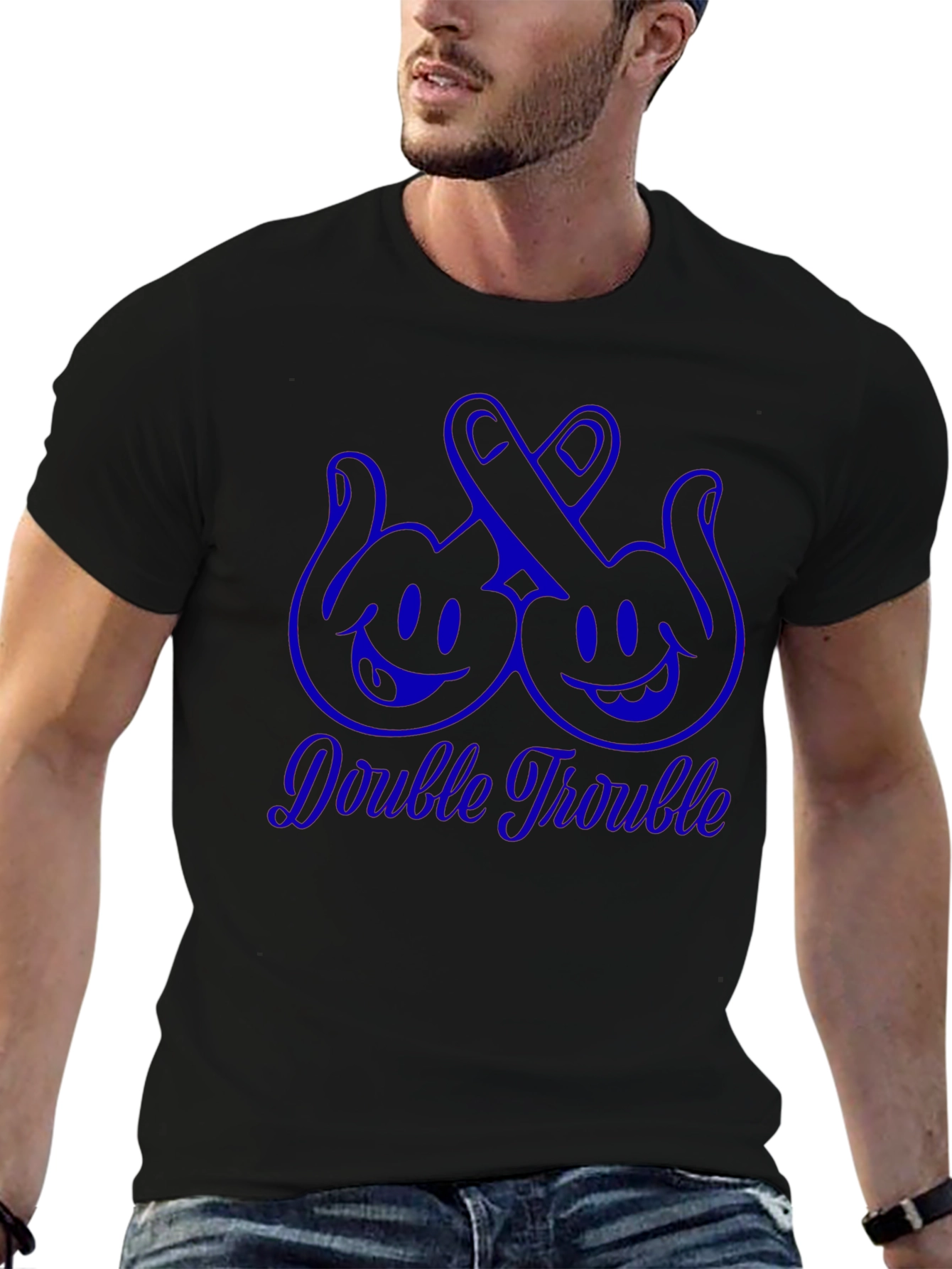 Double Trouble Graphic Tee - Black Cotton T-Shirt