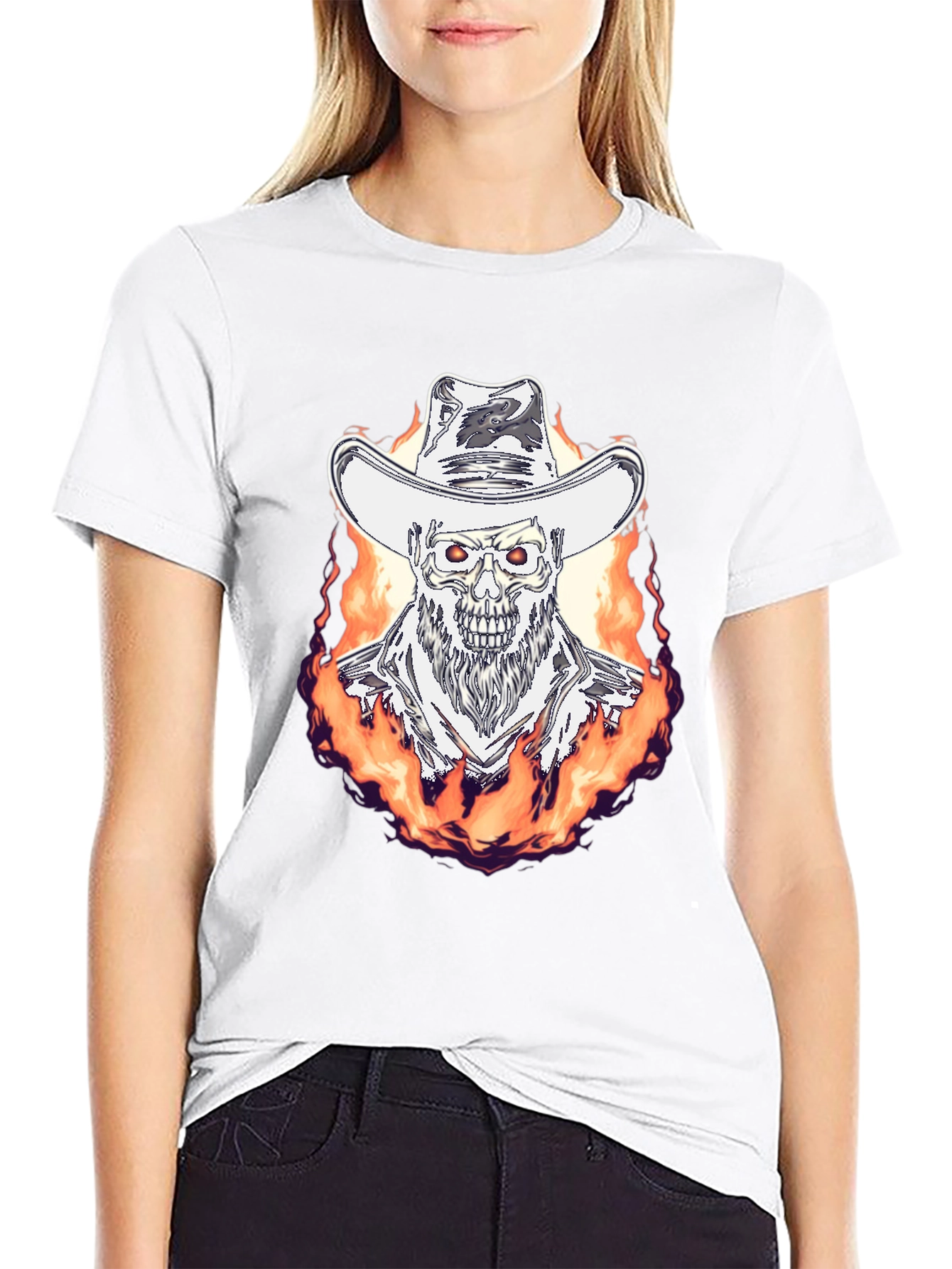 Flaming Cowboy Skull Graphic Tee - Black