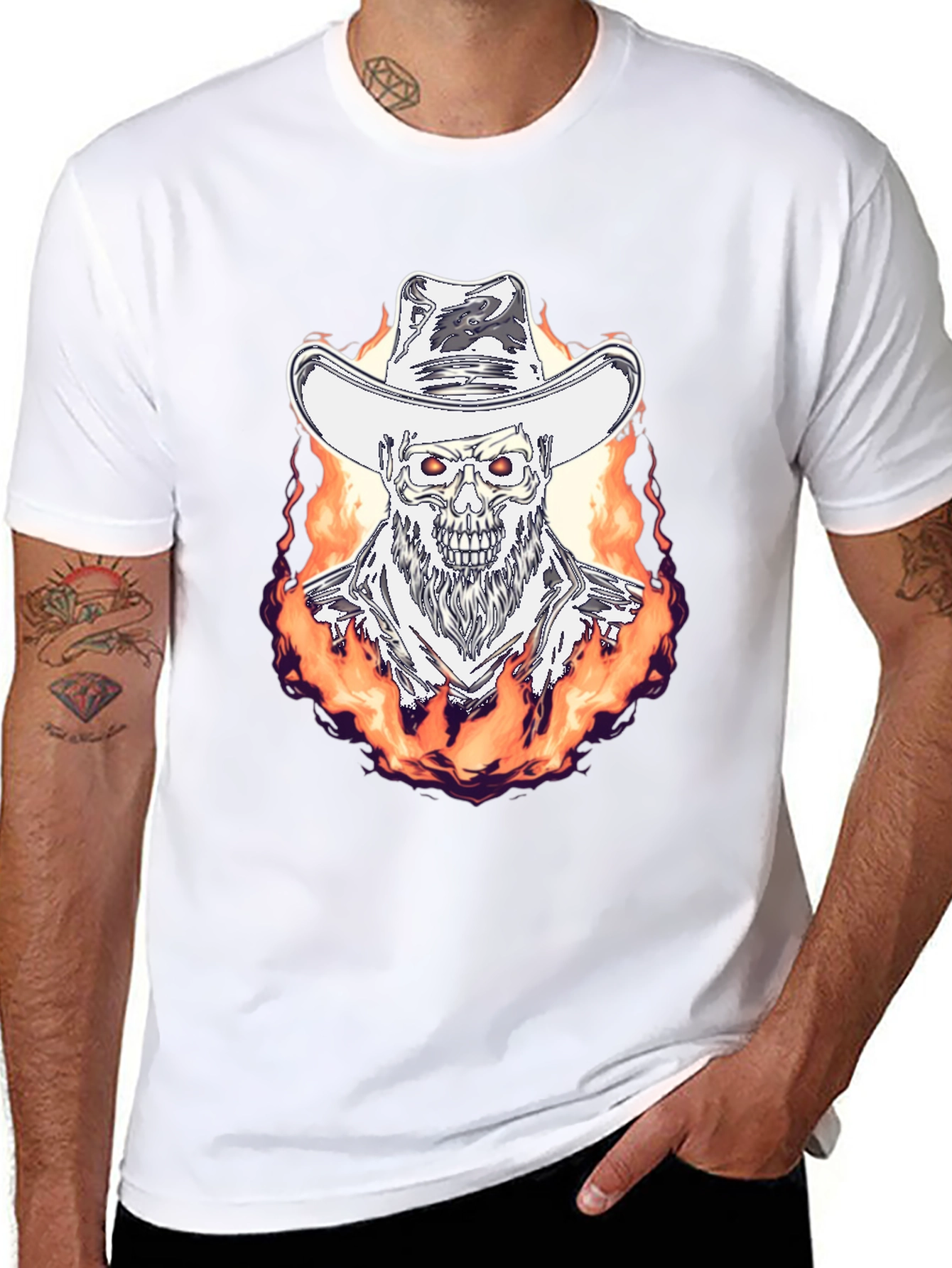 Flaming Cowboy Skull Graphic Tee - Black