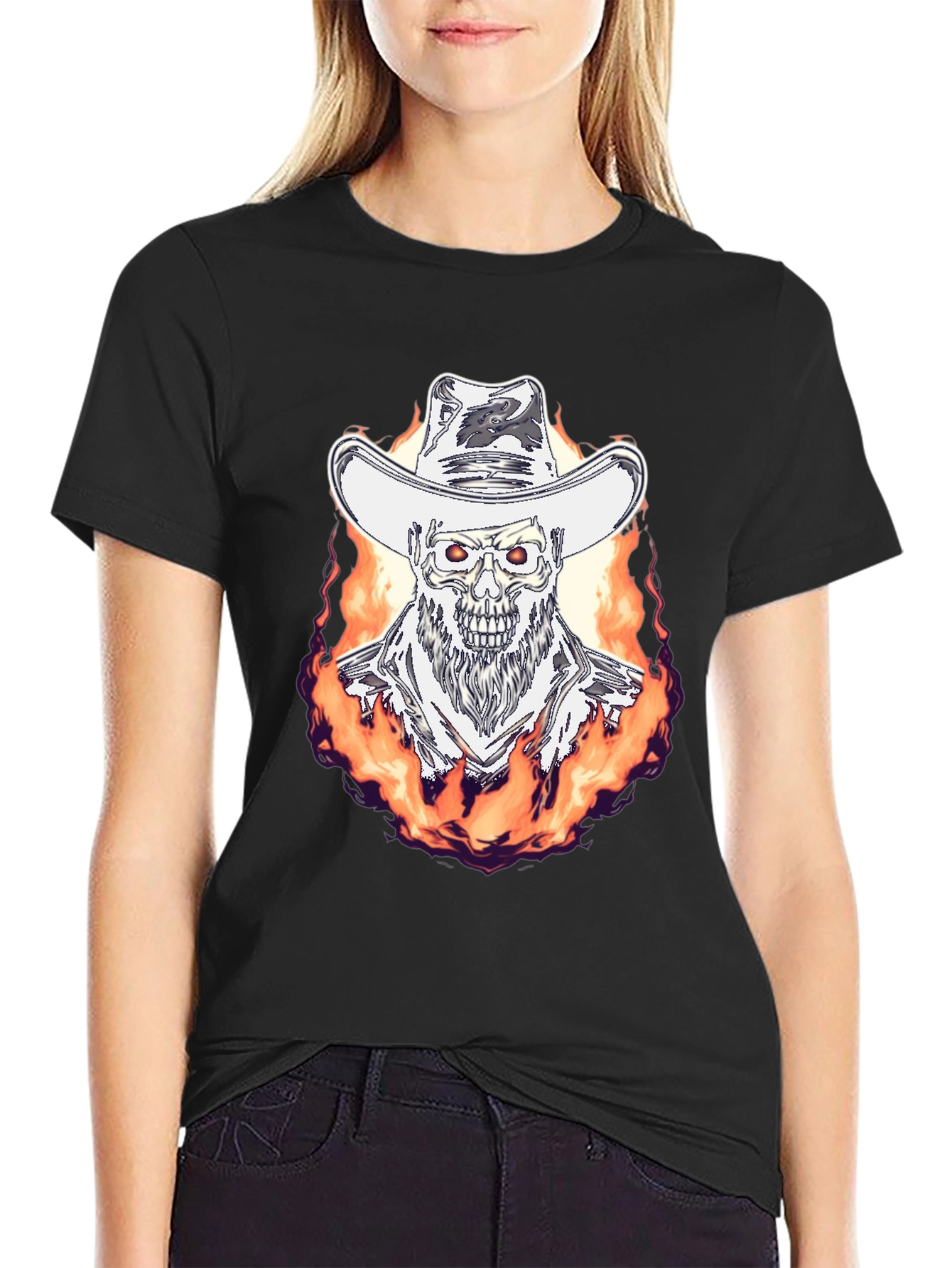 Flaming Cowboy Skull Graphic Tee - Black