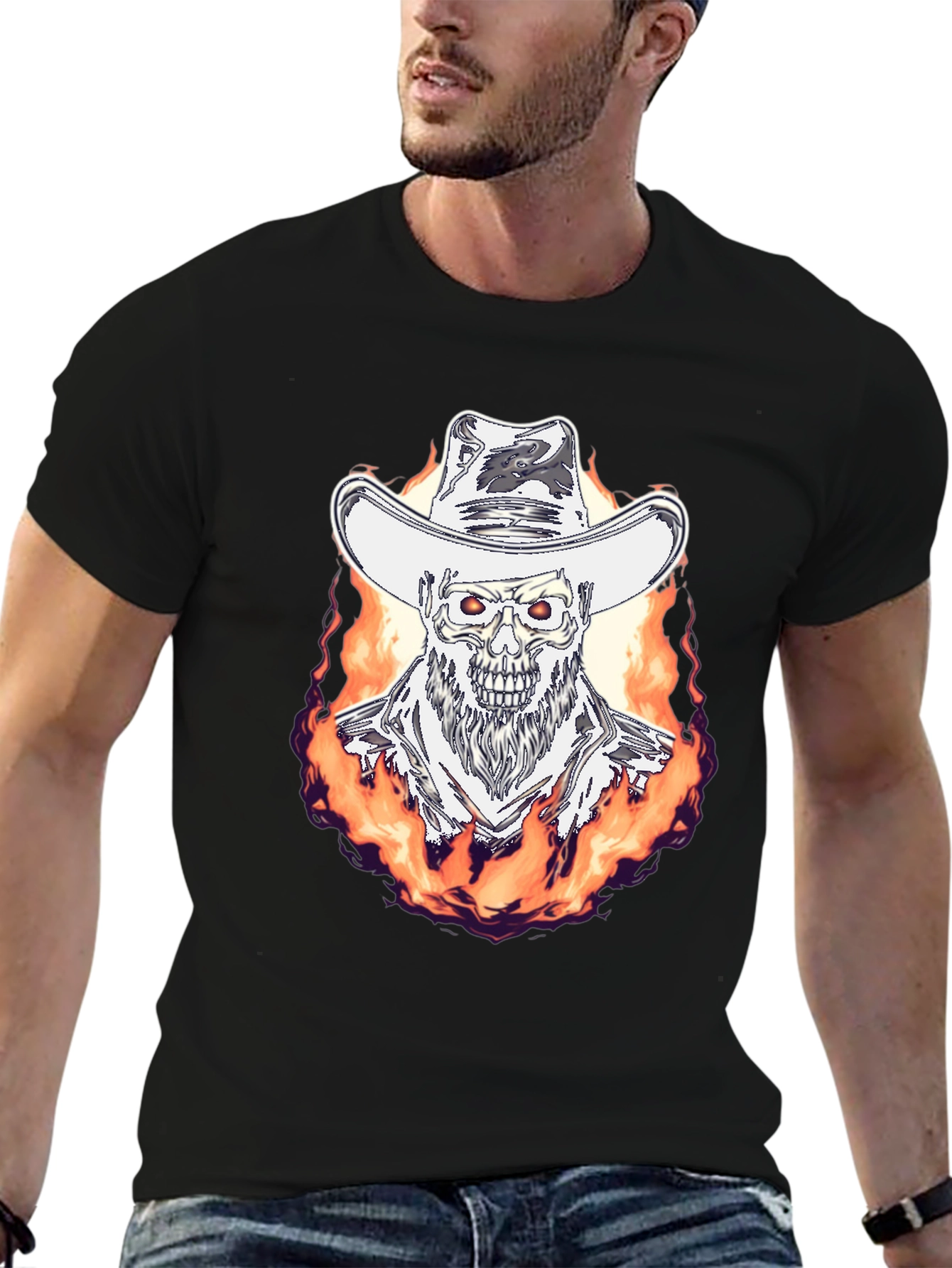Flaming Cowboy Skull Graphic Tee - Black