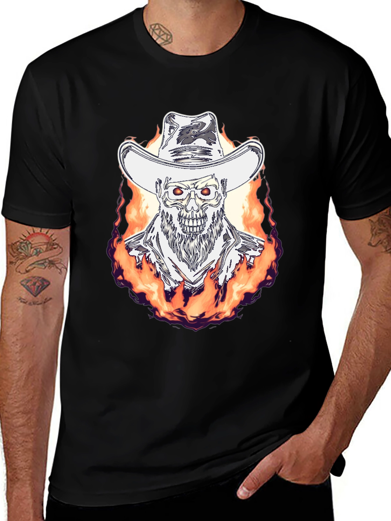 Flaming Cowboy Skull Graphic Tee - Black