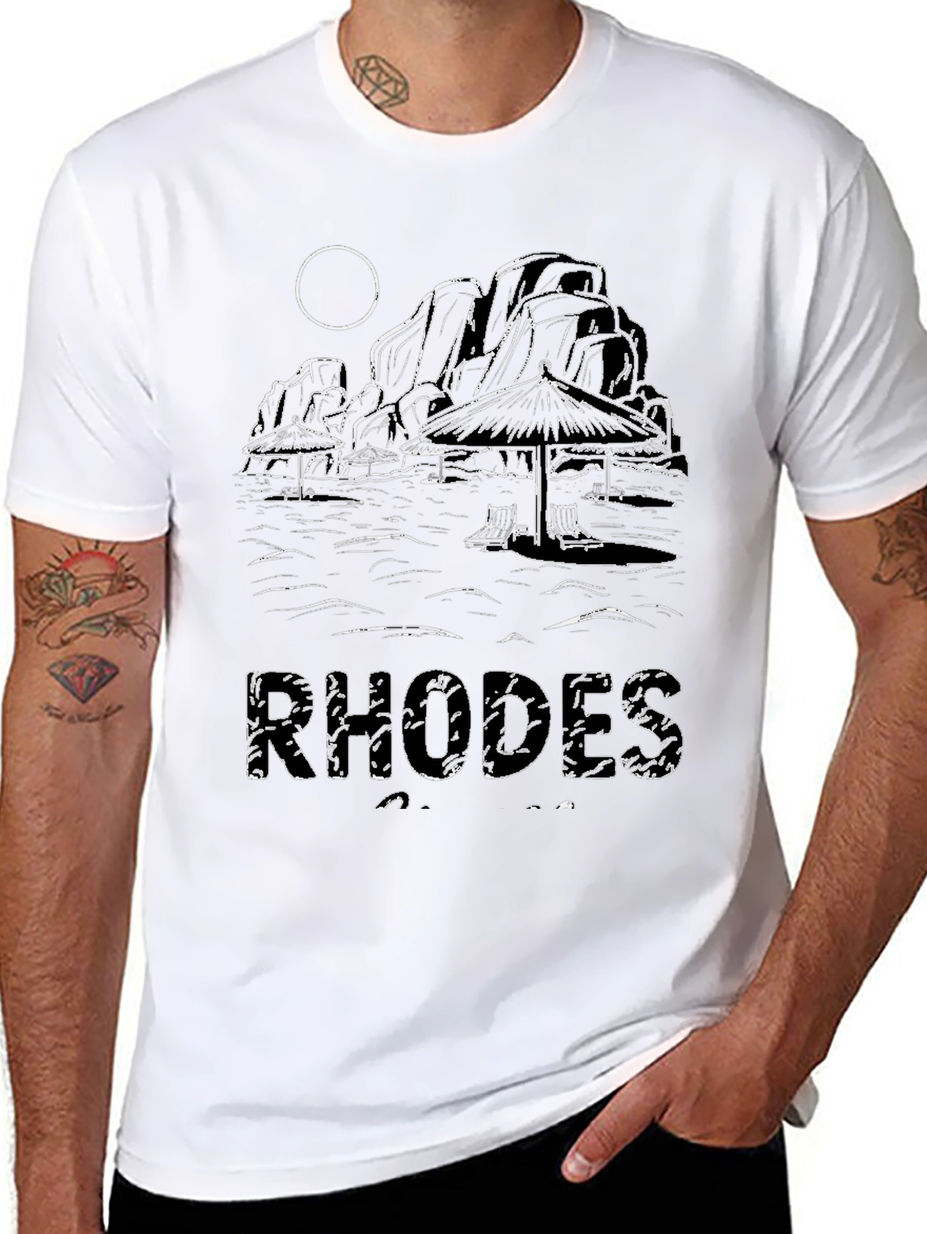 Rhodes Beach Scene Black T-Shirt