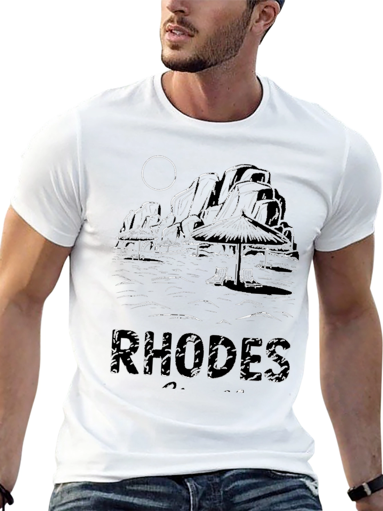 Rhodes Beach Scene Black T-Shirt