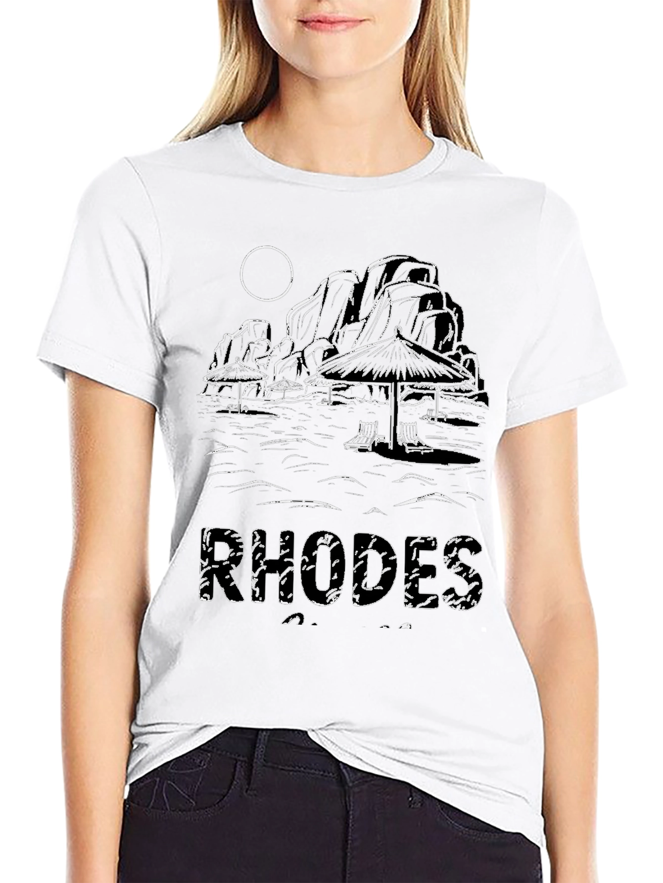 Rhodes Beach Scene Black T-Shirt