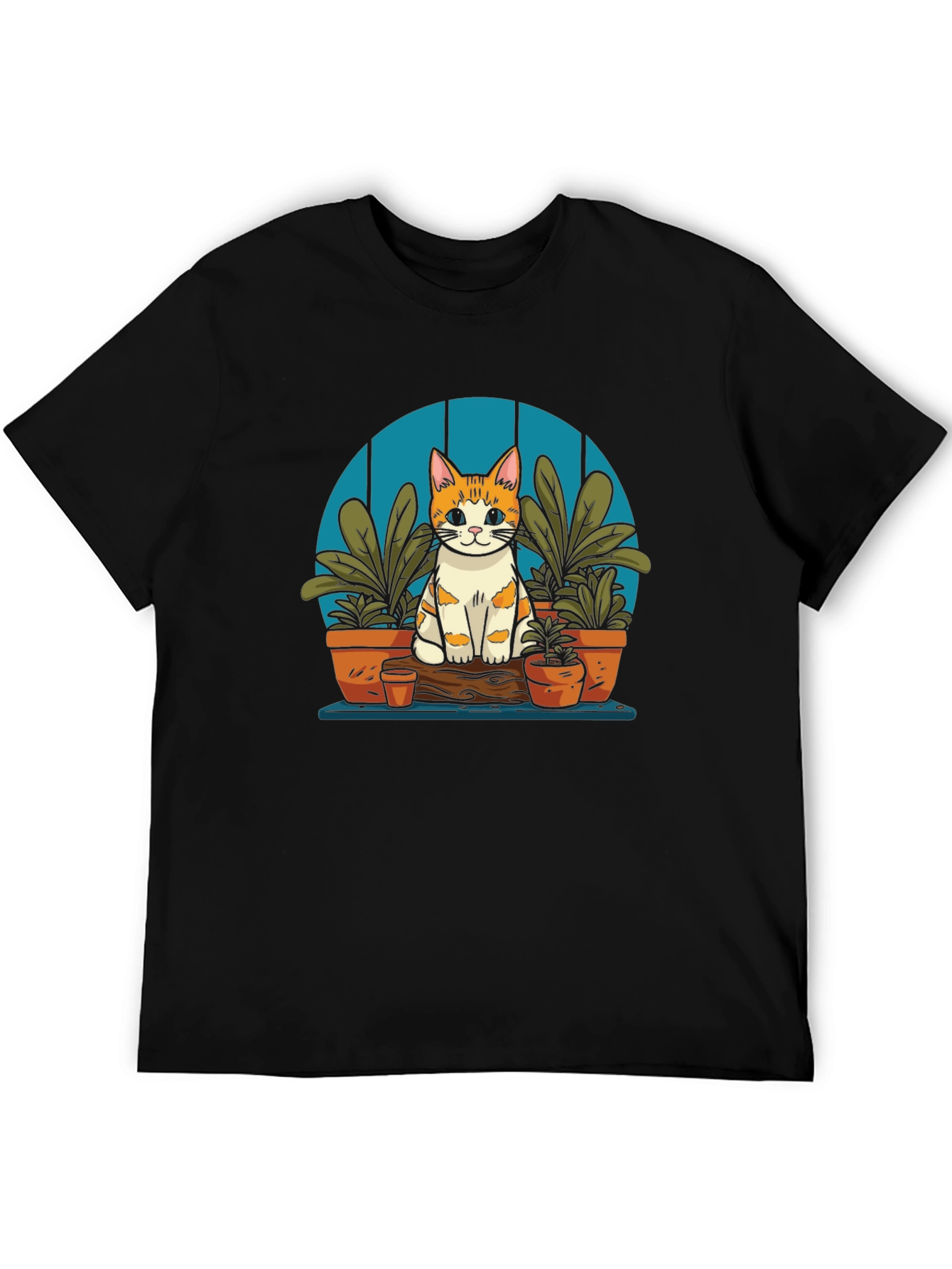 Cute Cat in Garden Black T-Shirt