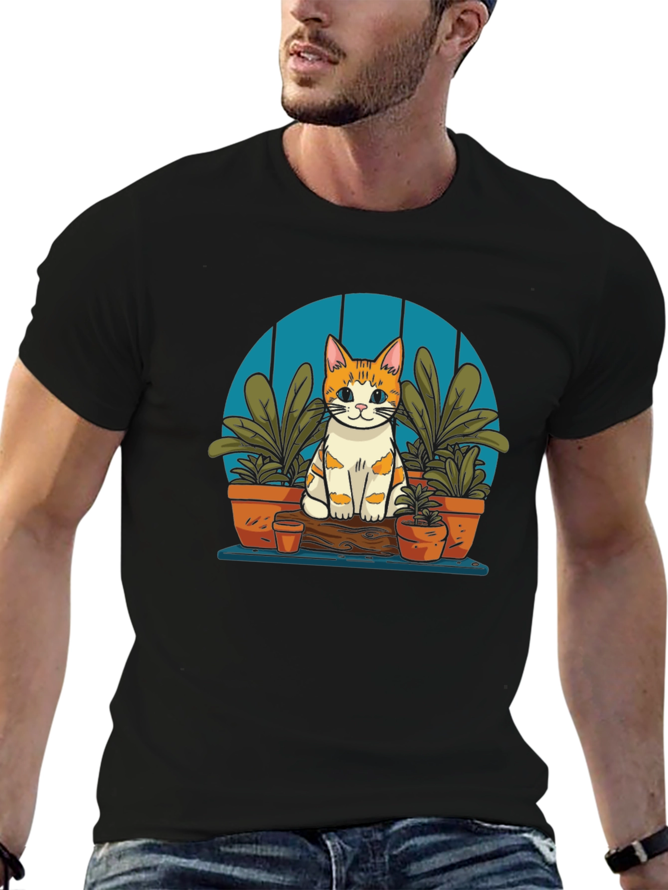 Cute Cat in Garden Black T-Shirt