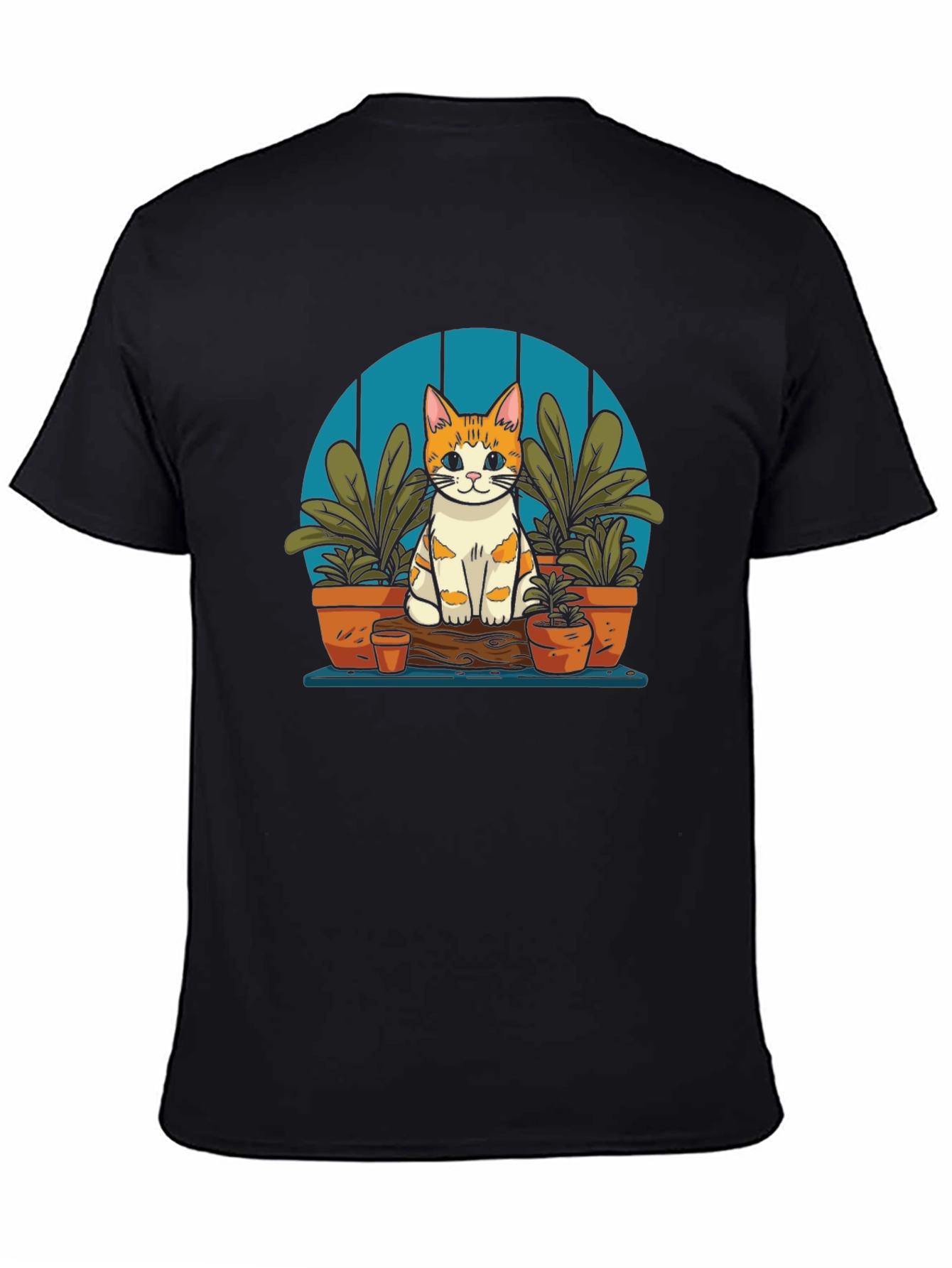 Cute Cat in Garden Black T-Shirt